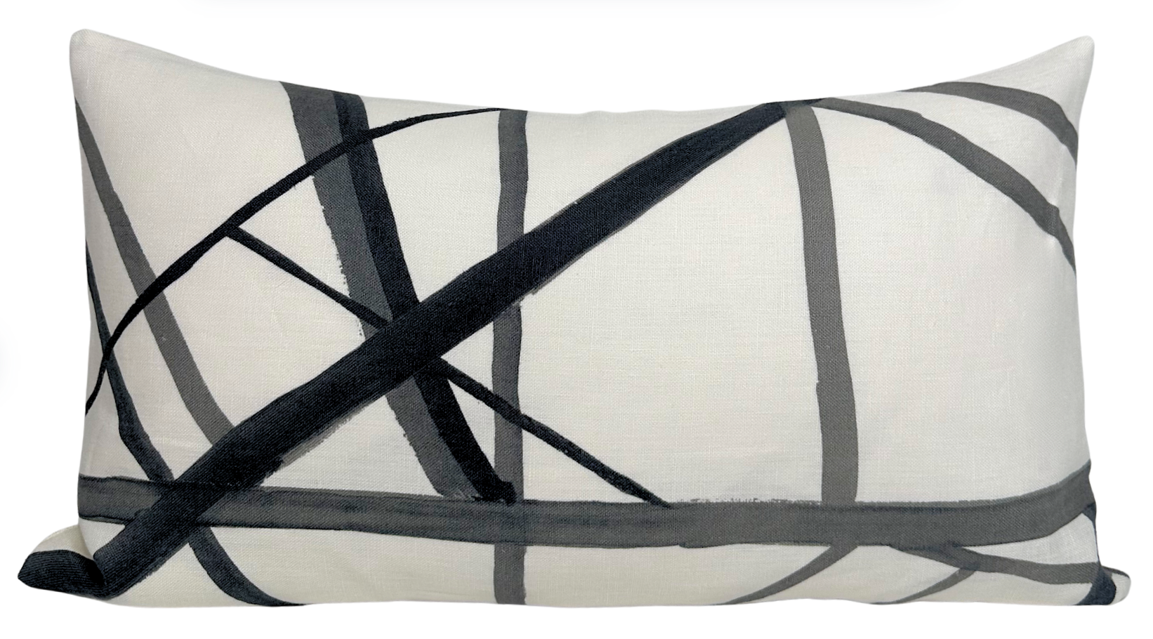 Channels Pillow Cover in ebony ivory displayed on a seating surface showing front patterned and ivory linen back