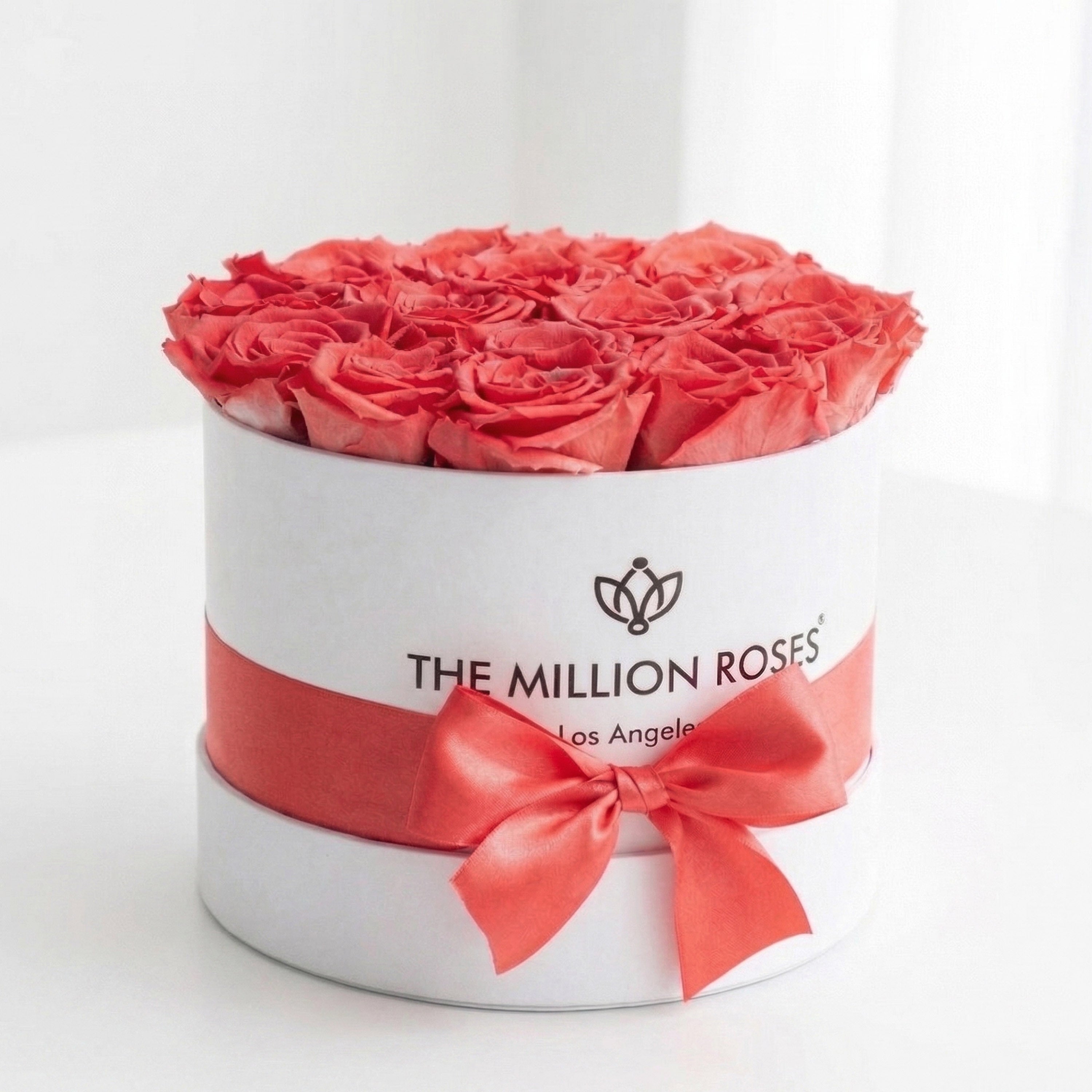 Classic White Box featuring 14-15 coral roses arranged neatly in a white box