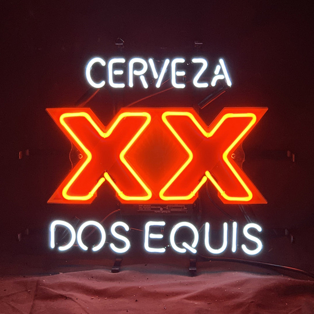 Cerveza XX Dos Equis Neon Light Sign illuminated on a metal grid backing.