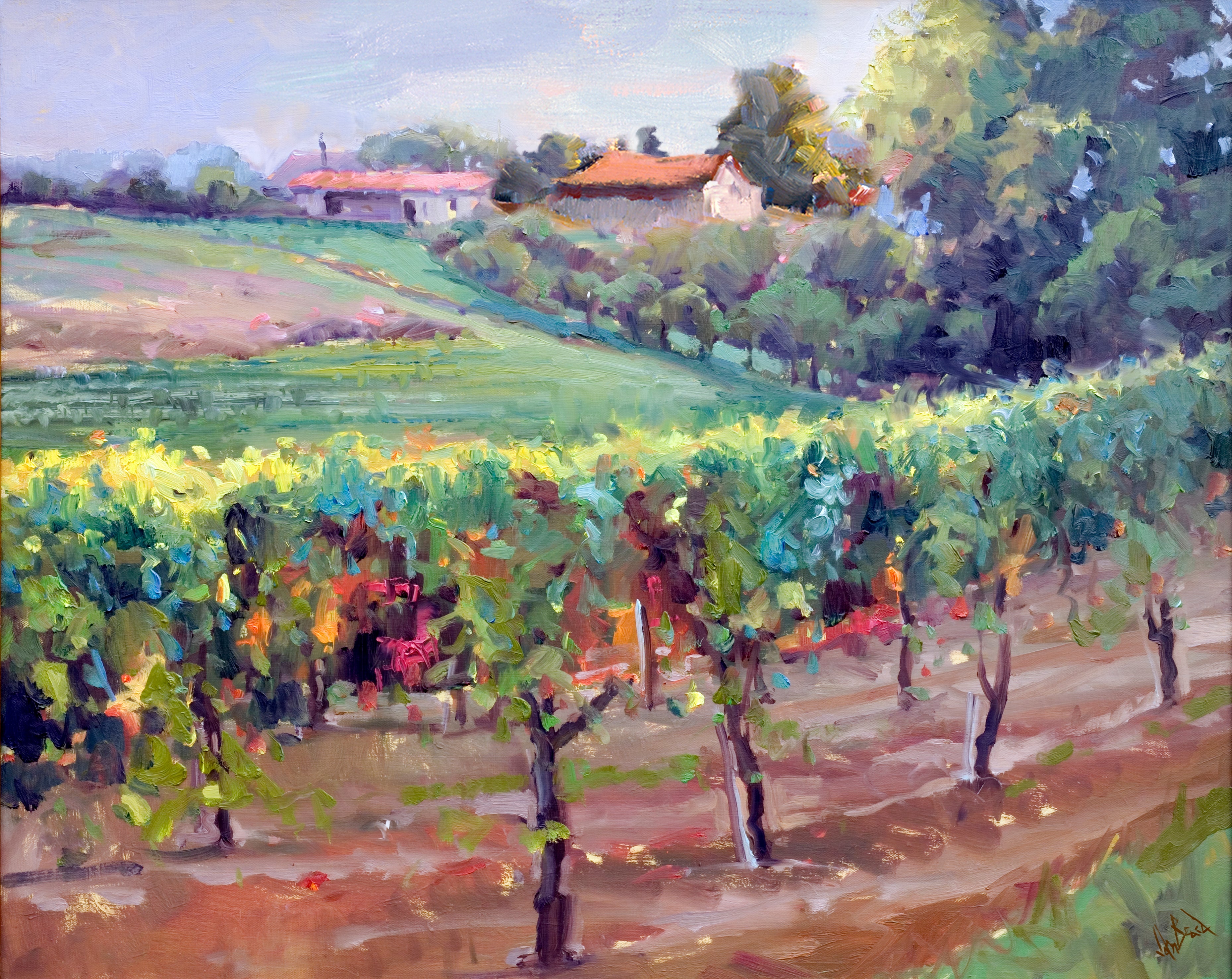 Charentes Vineyard artwork by John Beard in gallery wrap frame, showing an abstract coastal vineyard scene with rich tones