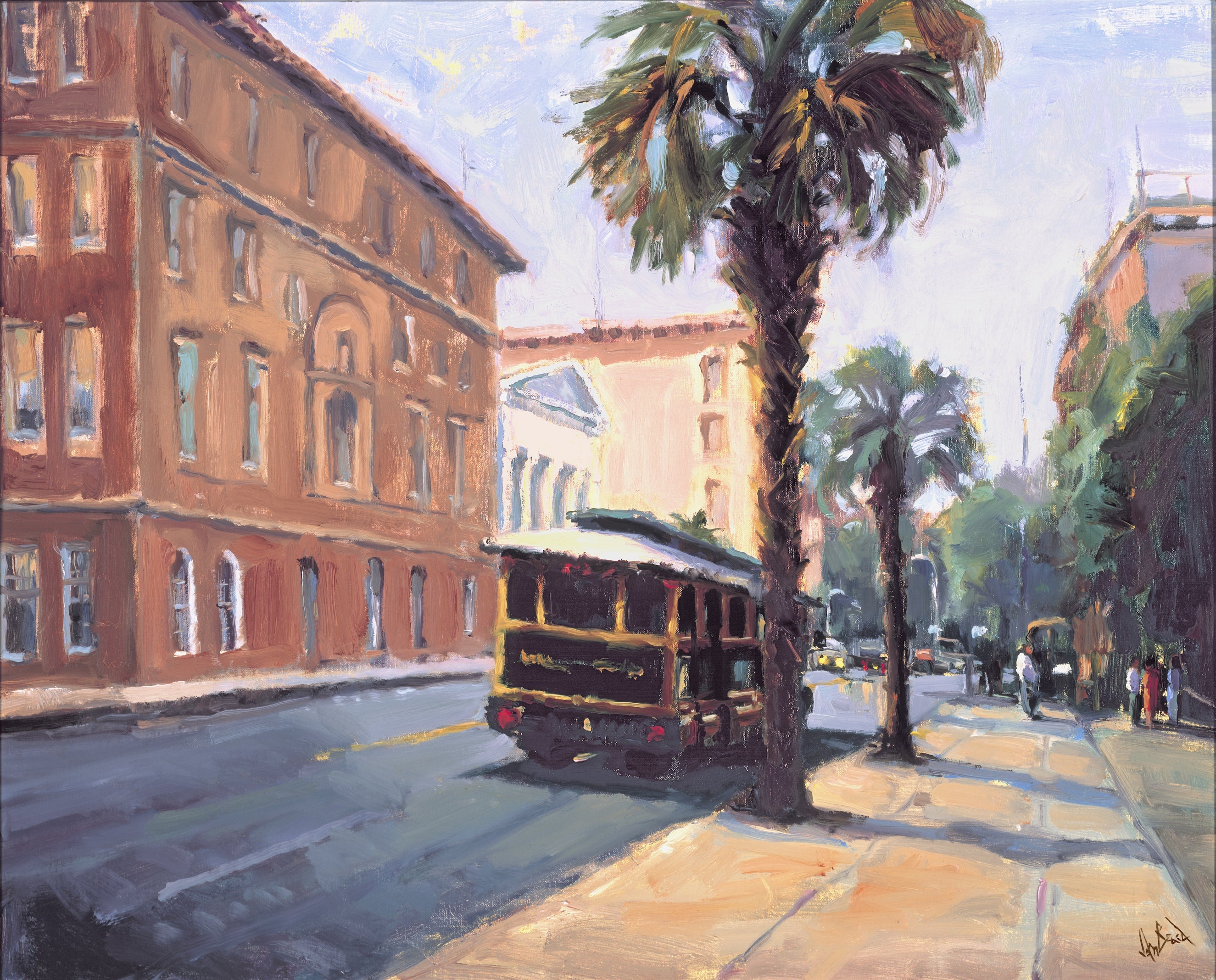Charleston Trolley artist enhanced canvas print showing a trolley in a coastal landscape with rich blues and warm hues, available framed and unframed