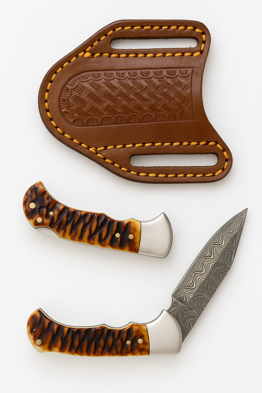 Stag Horn Style Damascus Folding Knife with Leather Sheath - TF-098 detail image - Resin Society