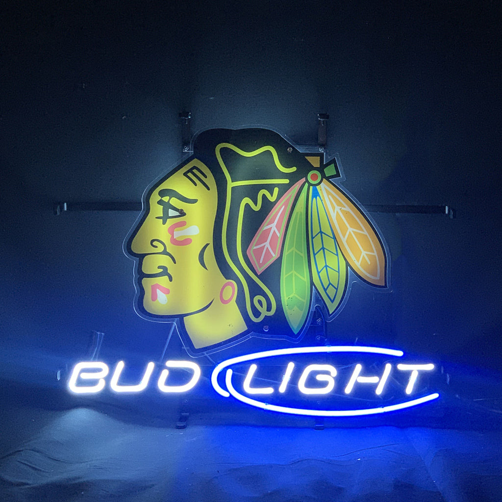 Chicago Blackhawks Hockey Bud Light Neon Sign Light displaying bright neon tubes on a metal grid backing