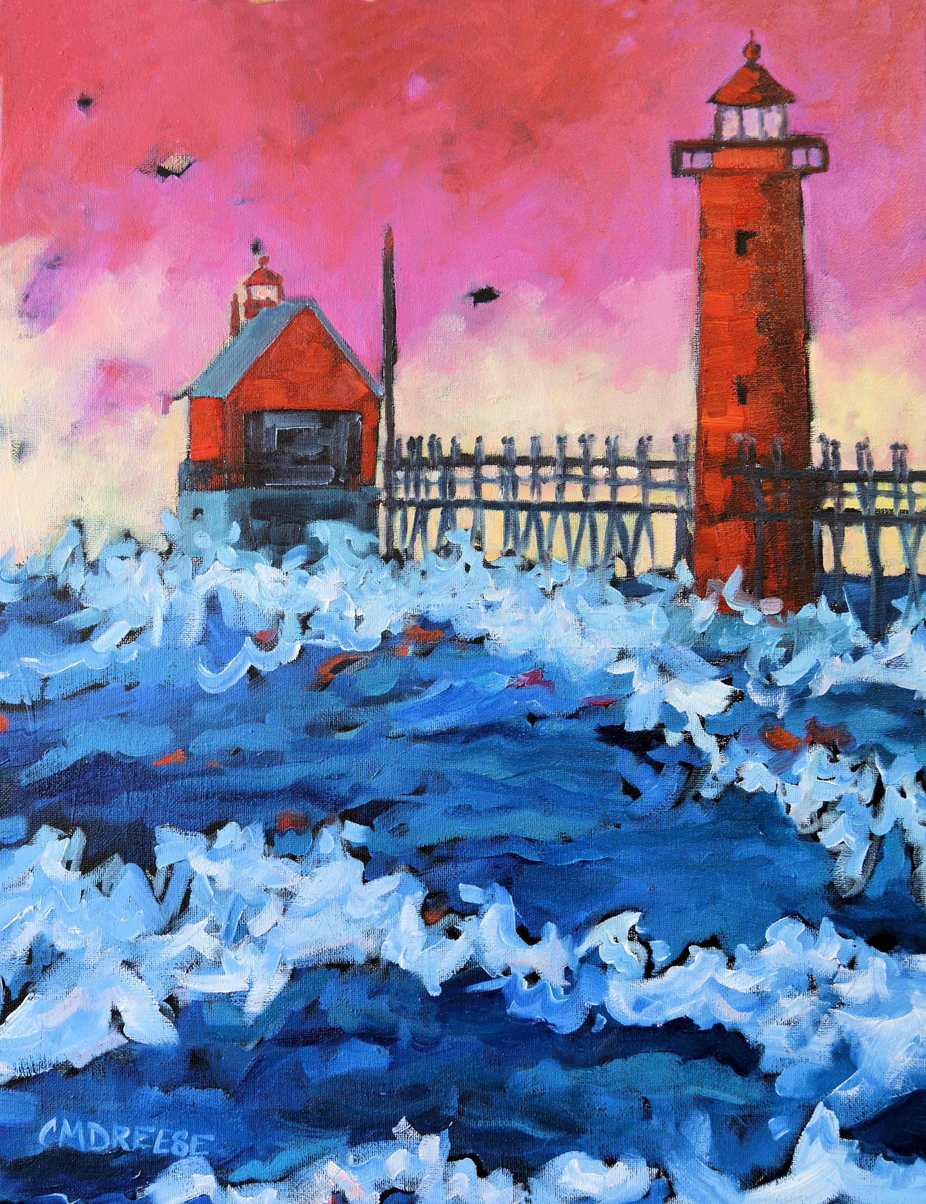 "Pink Sky at Night Lighthouse" Grand Haven Sunset Lighthouse Print - Wall Art by Dreese Fine Art - Resin Society
