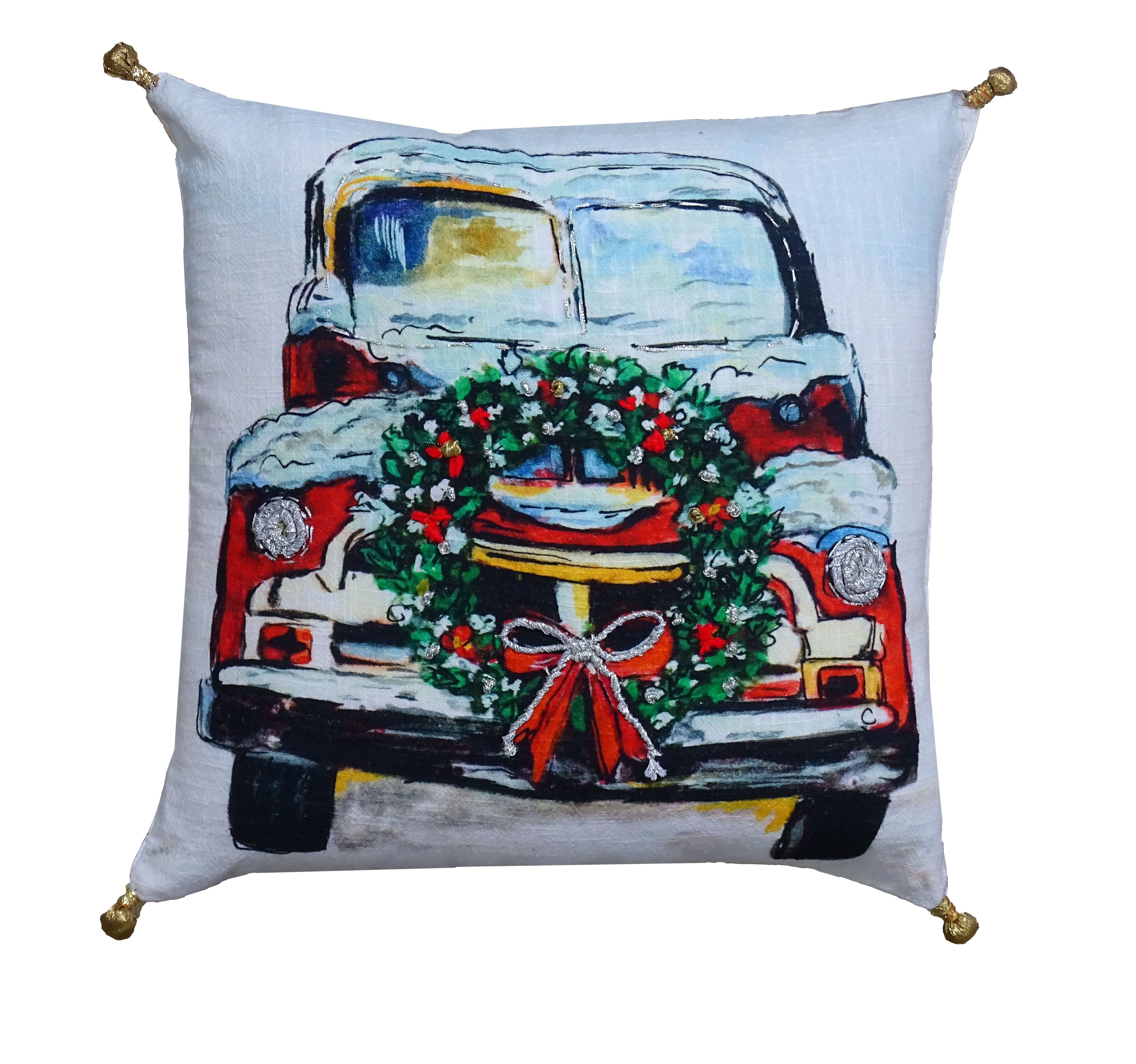 Holiday-themed decorative throw pillow with illustrated Christmas car and festive floral details