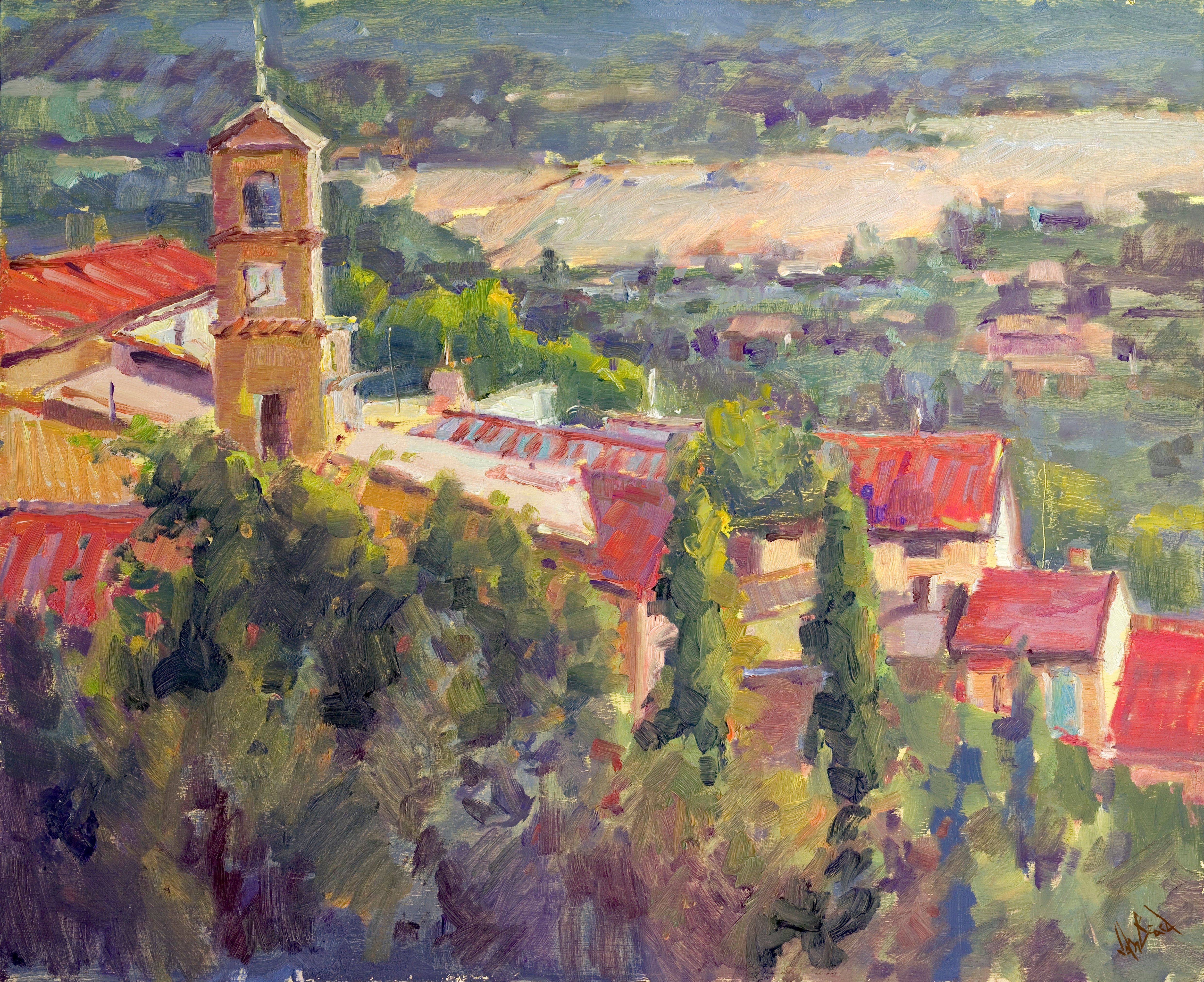 Clock Tower canvas print showing a coastal village scene with a clock tower, displayed in a gallery wrap frame.