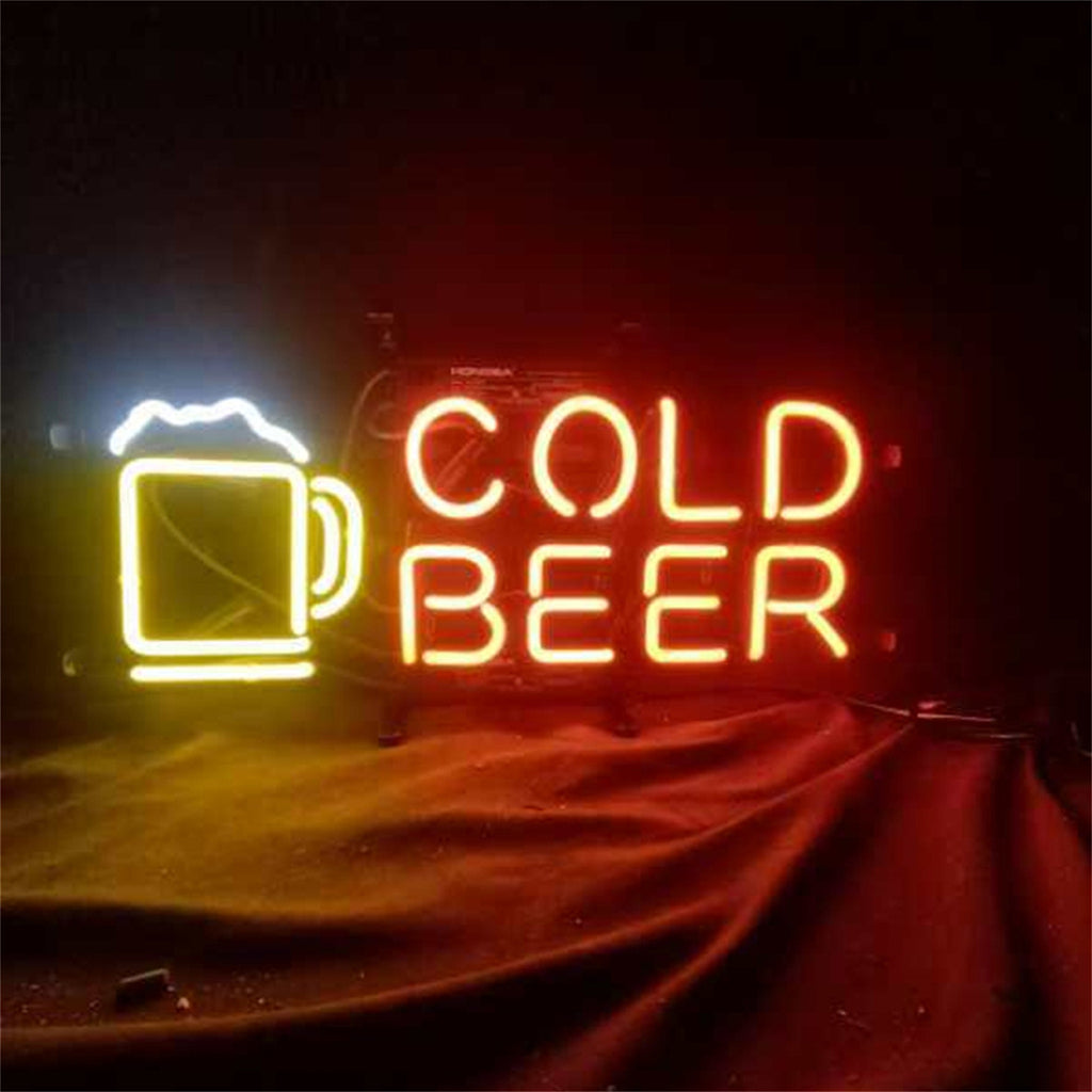 Cold Beer with Mug Neon Sign showing neon light shaped like beer mug glowing on metal grid backing