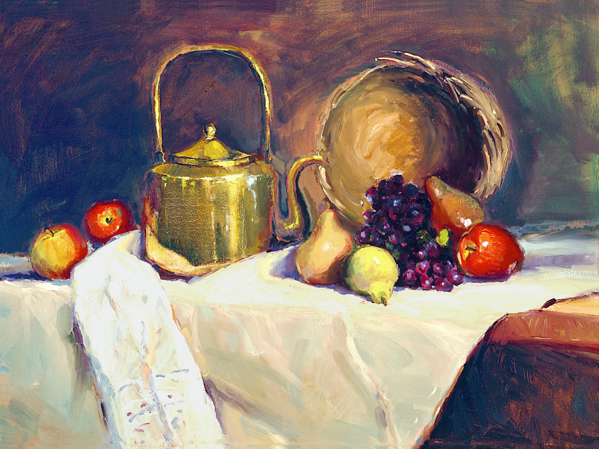 Copper Tea Pot painting on canvas by John Beard, displayed framed in a white room