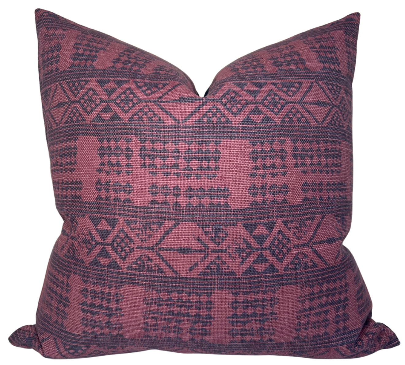 Addis Pillow Cover in Midnight Pasha laid on a textured sofa highlighting intricate midnight blue printed fabric and ivory linen back