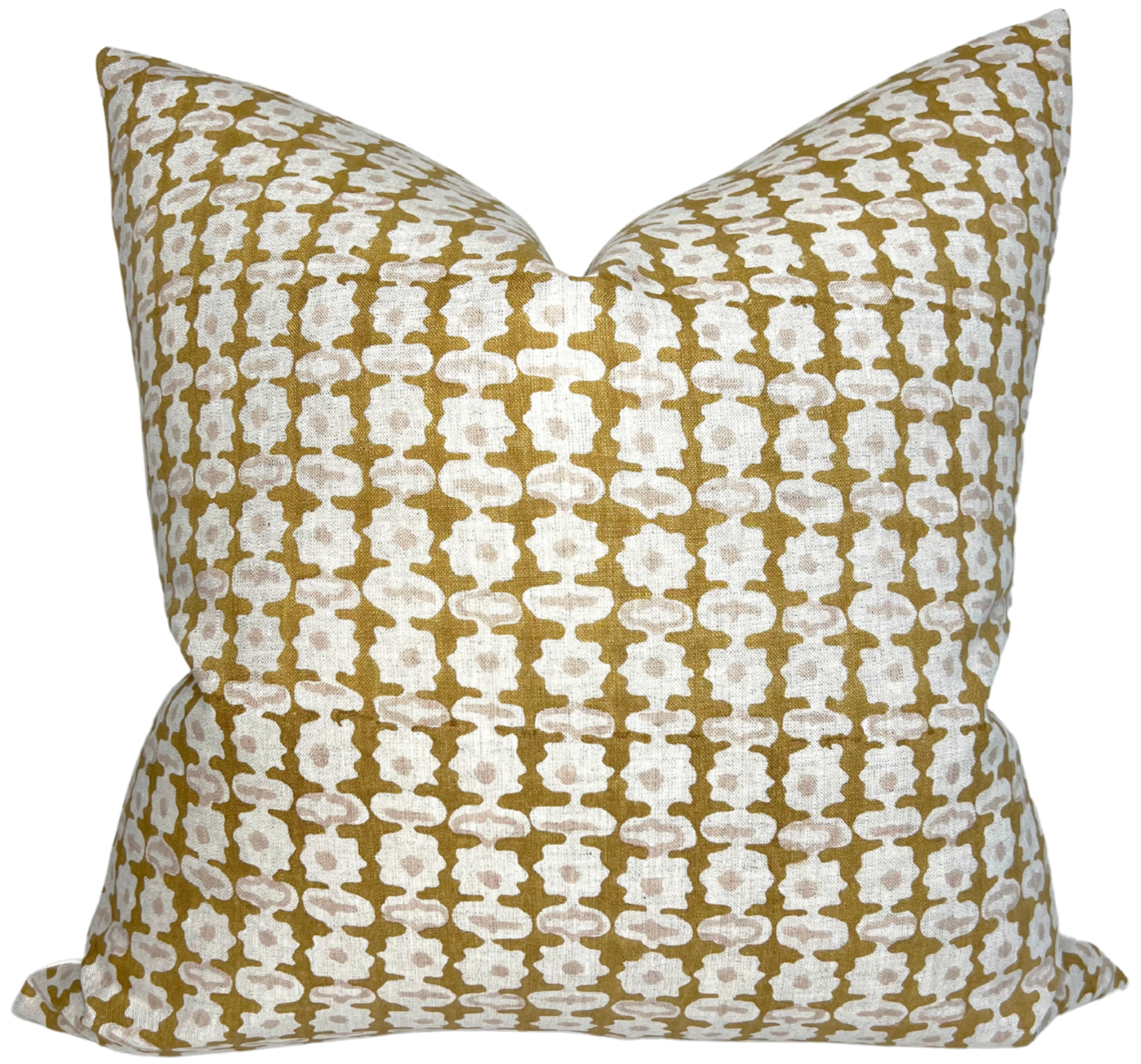 Pahari Pillow Cover in Saffron showing saffron colored front and ivory linen back
