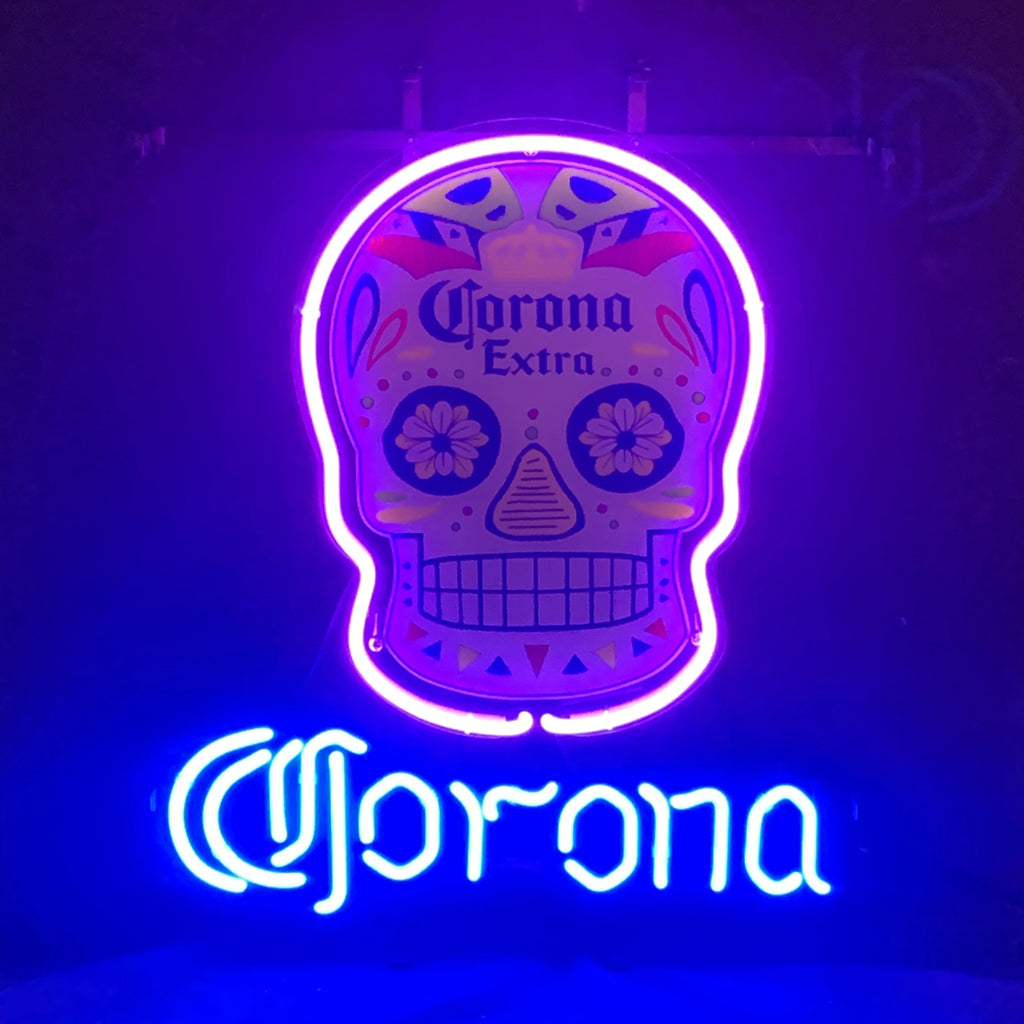 Corona Extra Dia de los Muertos Skull Neon Light Sign glowing in indoor space with glass tube and metal grid backing