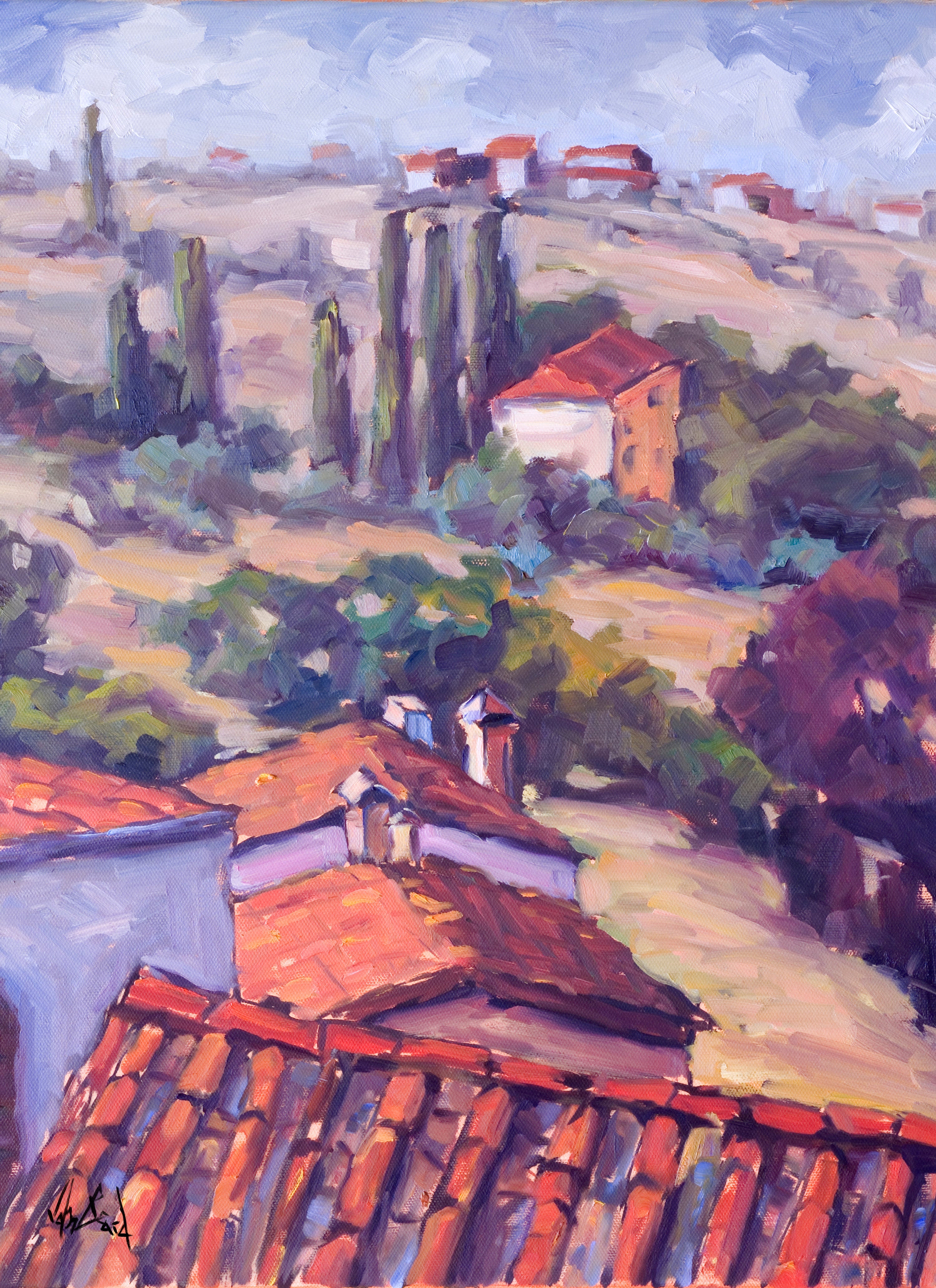 Cortona Landscape artist enhanced canvas print showing a coastal town scene with muted pink and beige tones in a gallery wrap style or framed in black, white, brown, or tan.