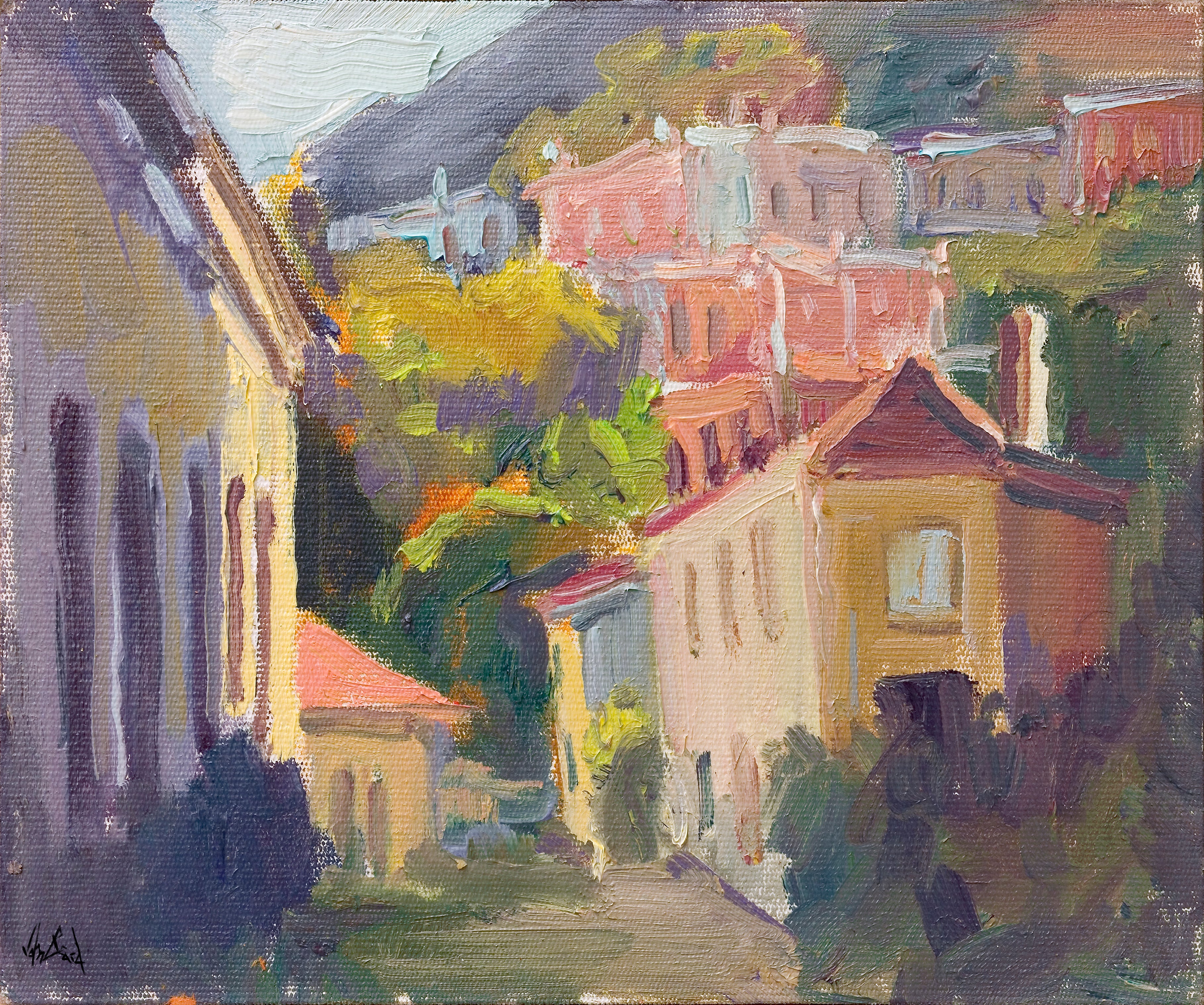 Artist enhanced canvas print titled 'Cottages on the Hillside' depicting colorful coastal village cottages on a hillside.