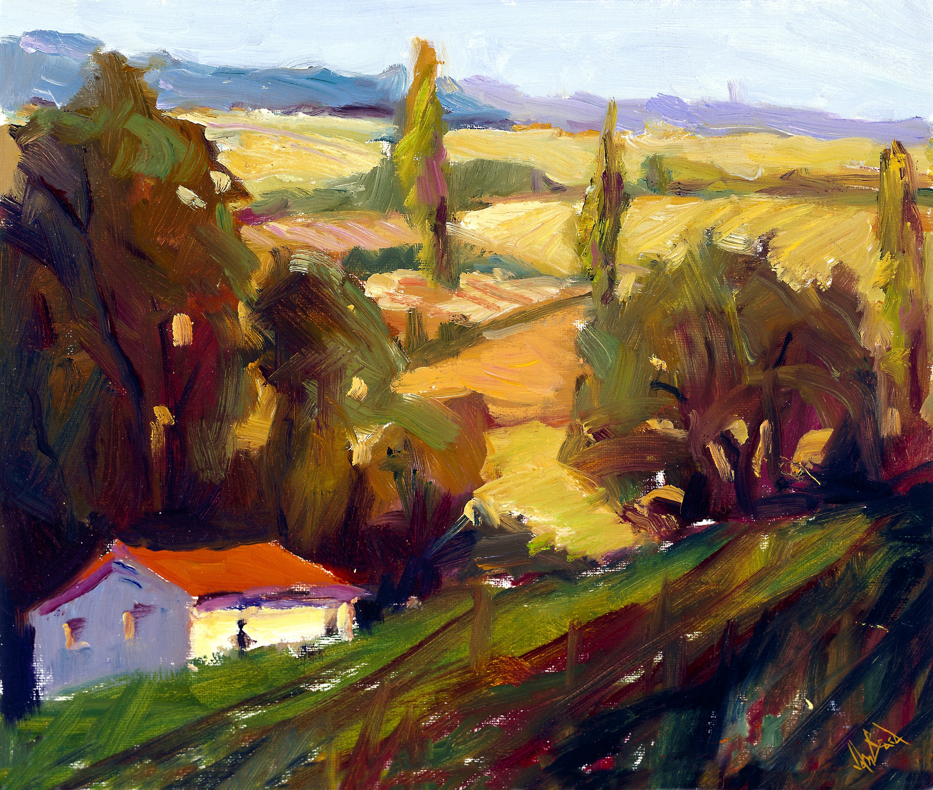 Country Cottage Artist Enhanced Canvas Print displayed on wall, showing coastal cottage scene