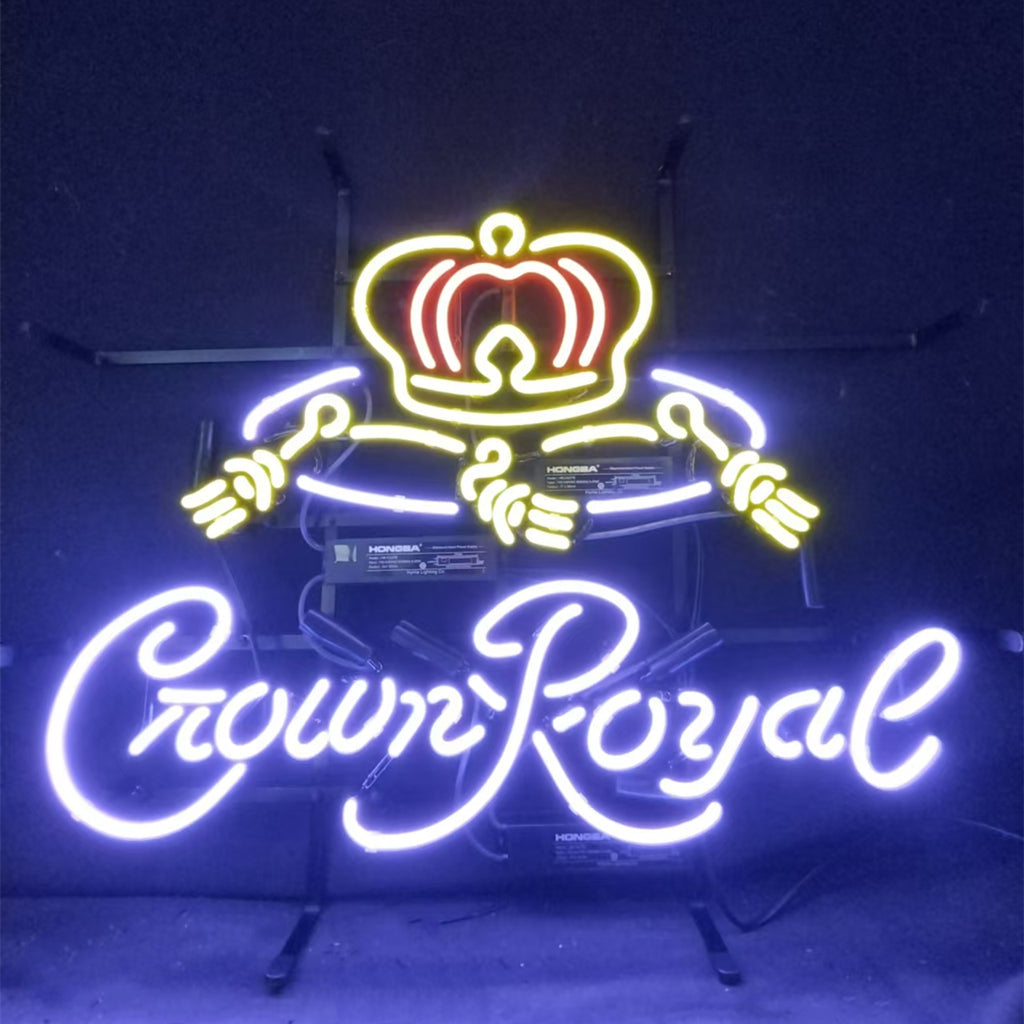 Purple Crown Royal Whiskey Neon Light Sign on metal grid backing, lit indoors