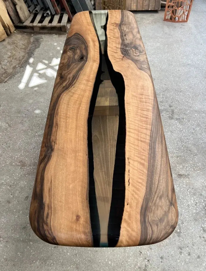 Handmade solid walnut console table with epoxy resin and live edge design