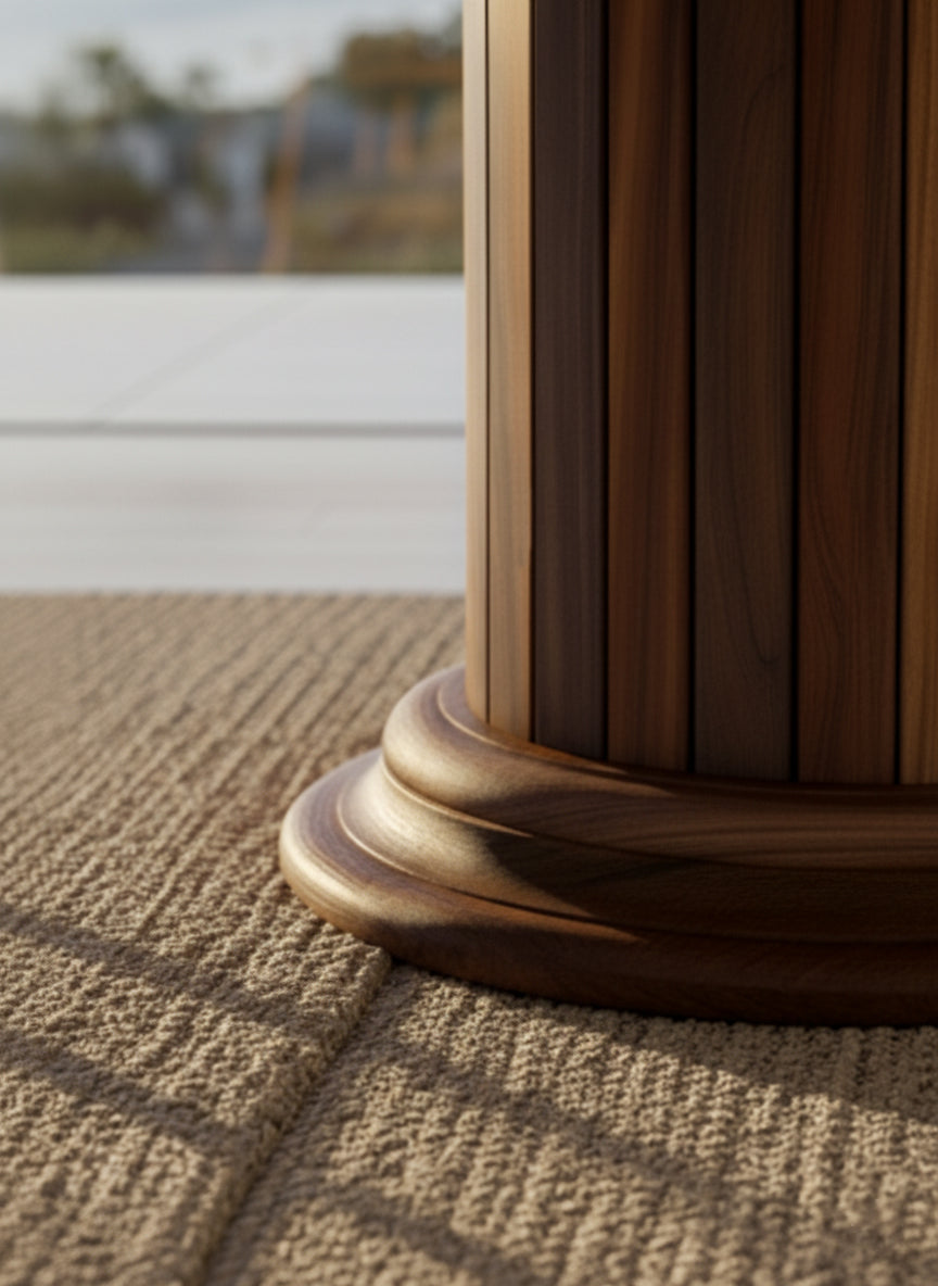 Handcrafted round dining table with walnut wood top and solid wood drum pedestal base featuring custom epoxy resin inlay
