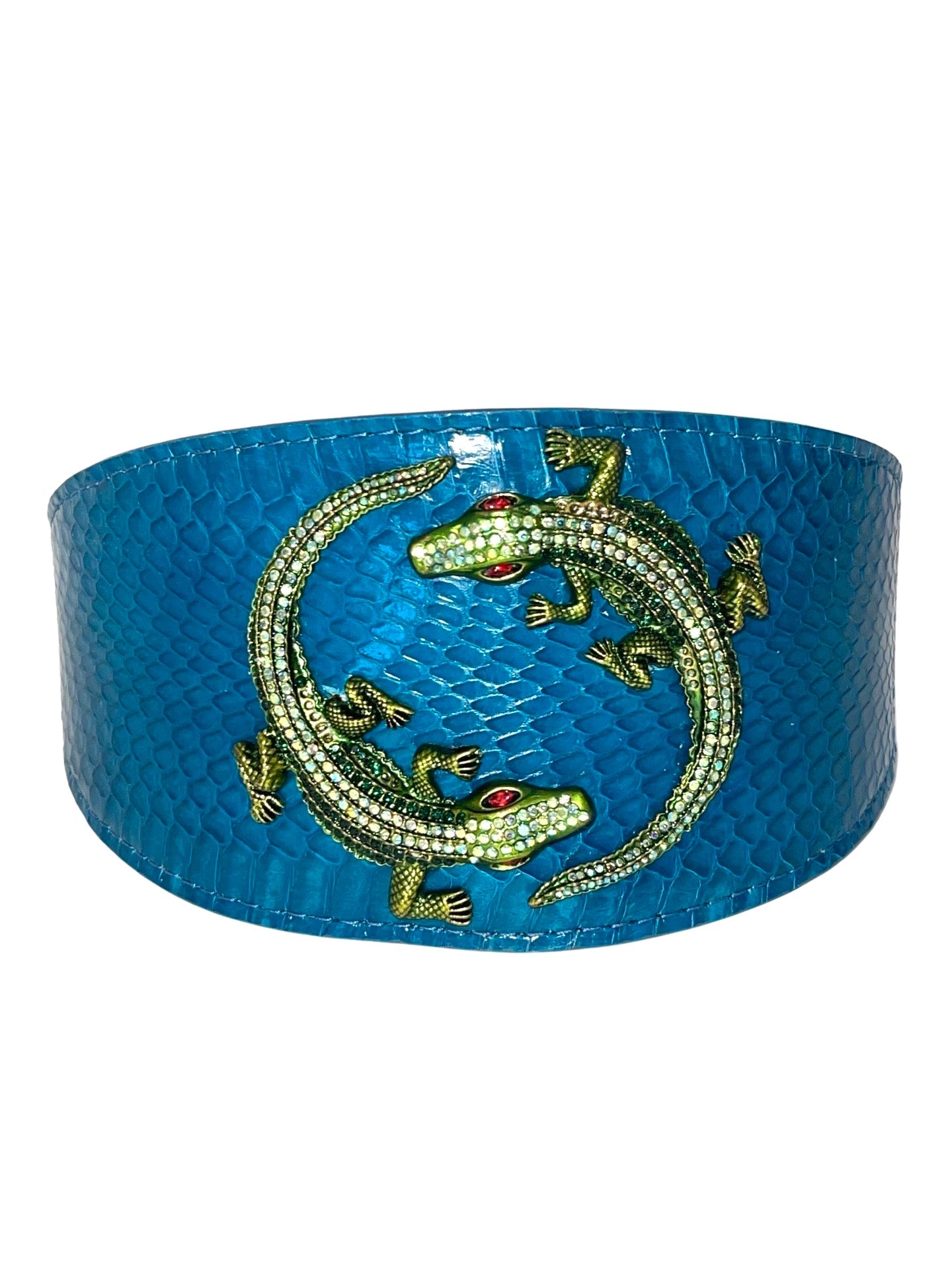 Dark turquoise snake collar featuring green rhinestone alligator decorations