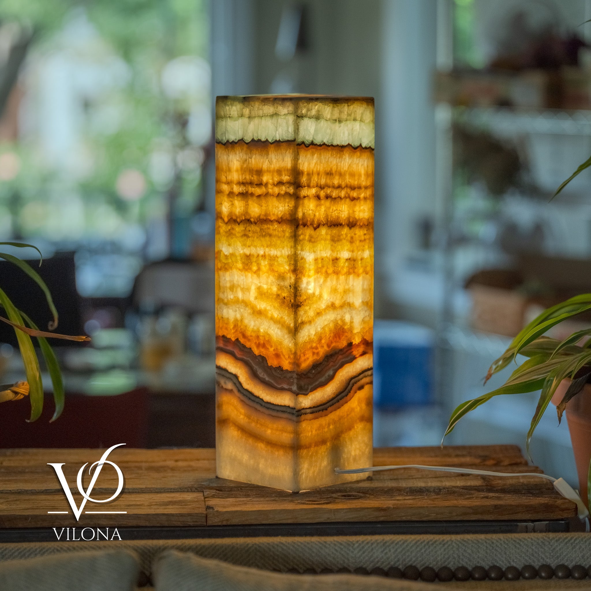 Aqua Onyx Square Table Lamp standing 20 inches tall with glowing warm light and natural golden-beige onyx stone
