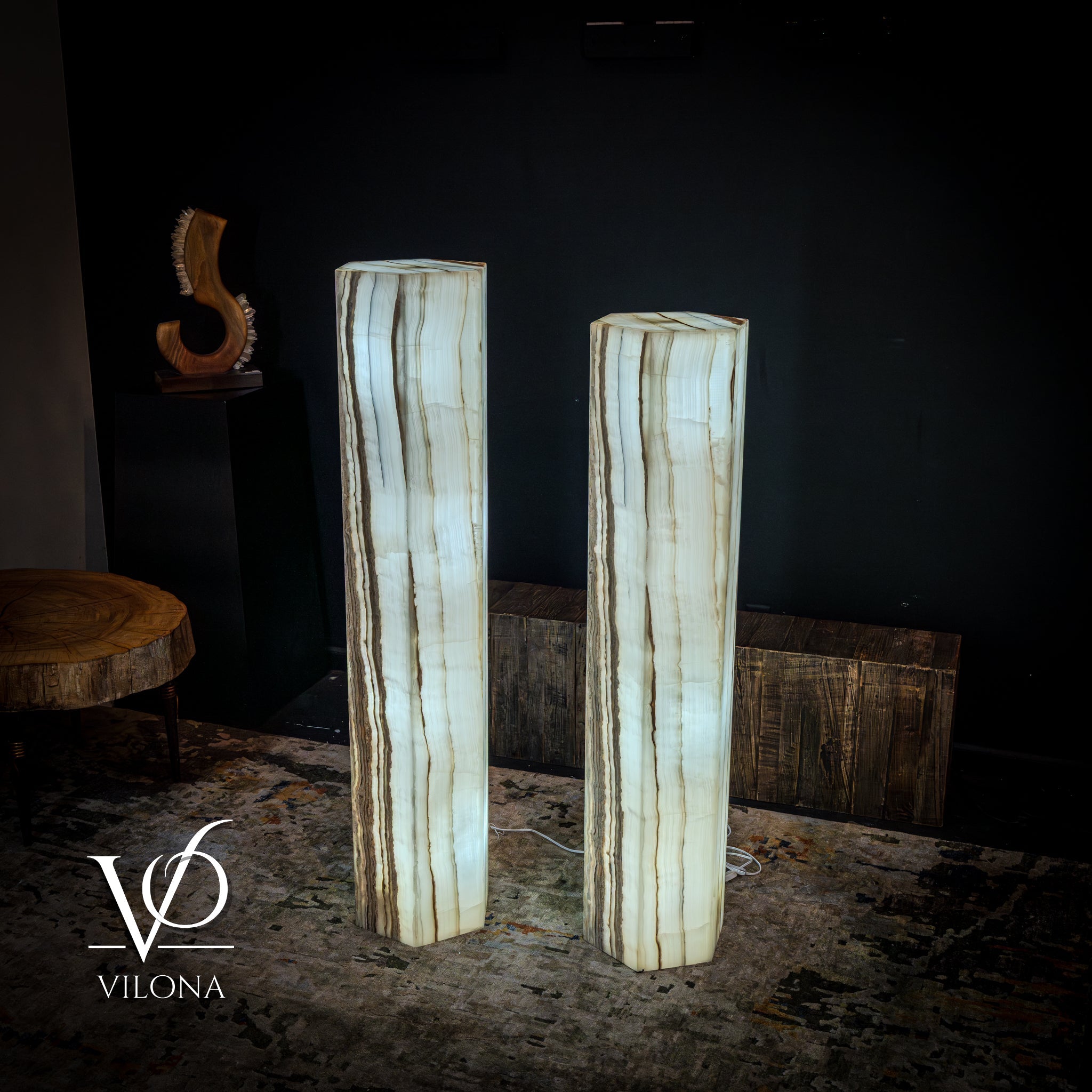White Ice Onyx Floor Lamp - Pair - Large - 59 & 55"H x 13.5"W - Hexagon by Vilona Onyx - product image 6 for Resin Society