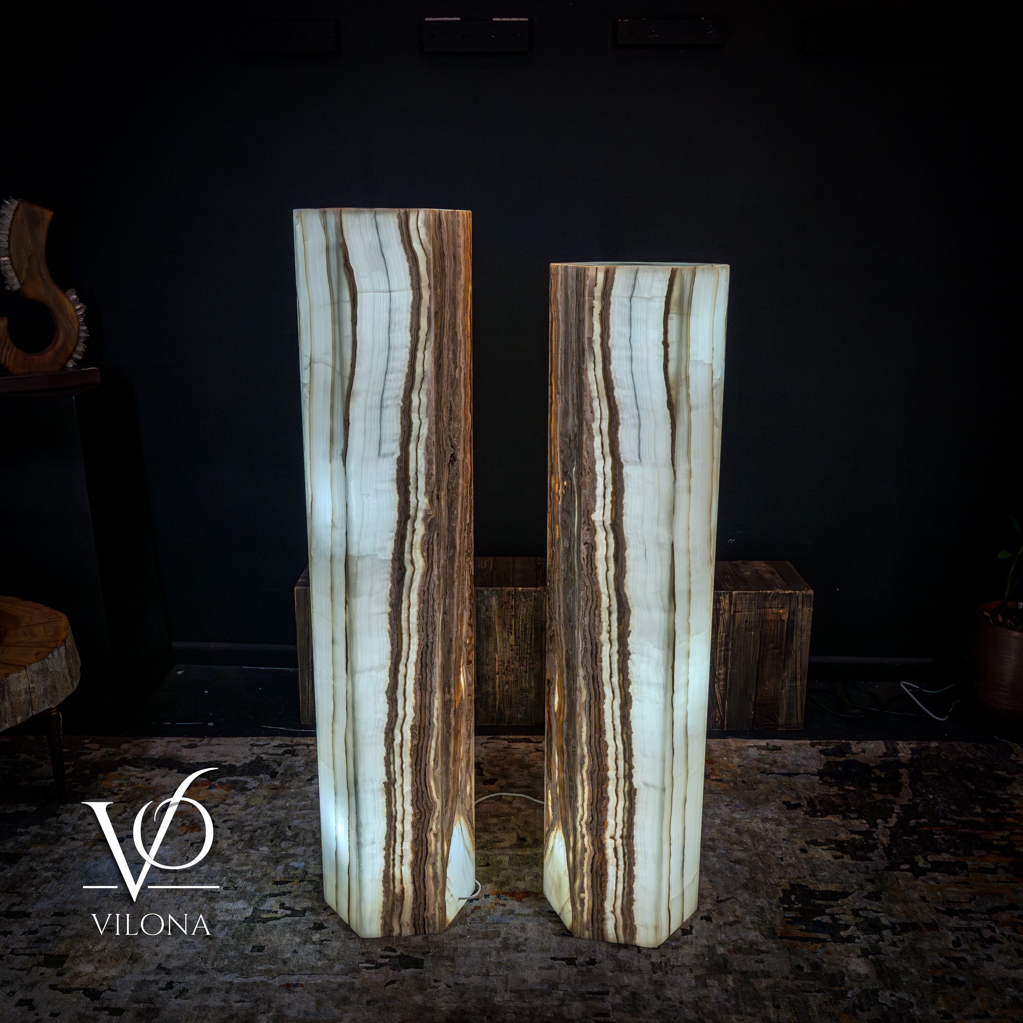 White Ice Onyx Floor Lamp - Pair - Large - 59 & 55"H x 13.5"W - Hexagon by Vilona Onyx - product image 2 for Resin Society