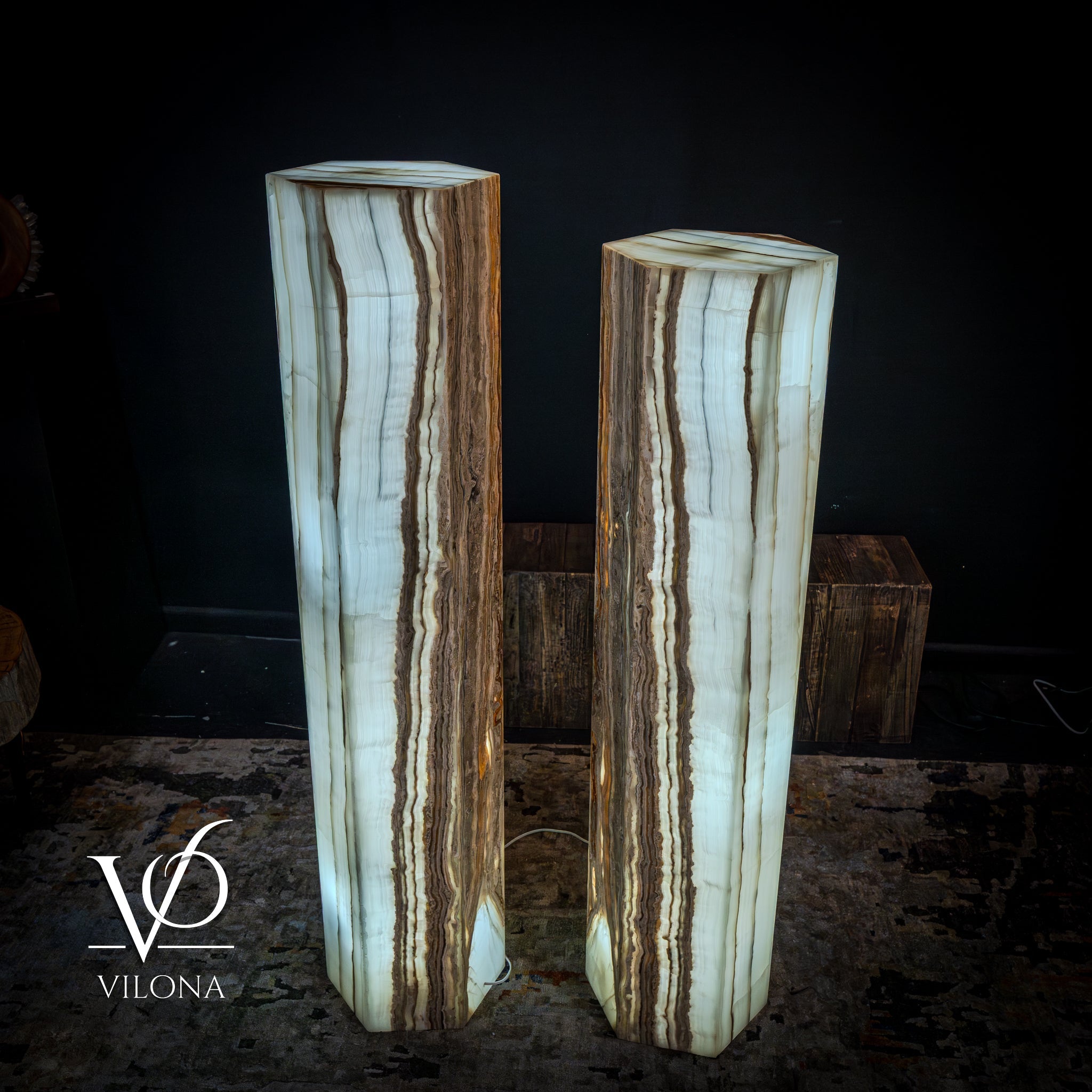 White Ice Onyx Floor Lamp - Pair - Large - 59 & 55"H x 13.5"W - Hexagon by Vilona Onyx - product image 4 for Resin Society