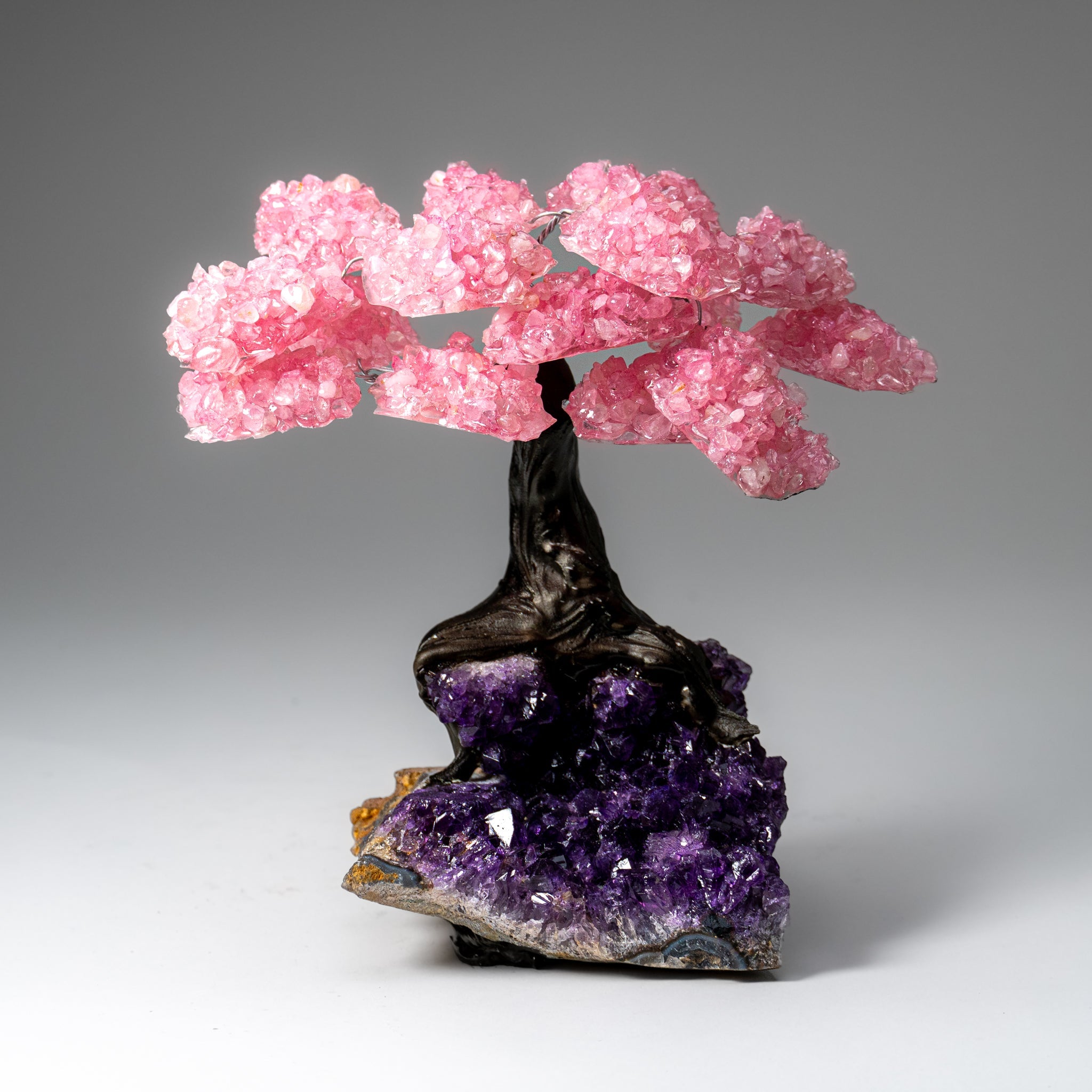 Genuine Rose Quartz clustered gemstone tree on Amethyst matrix with faux tree trunk, approx. 7 inches tall