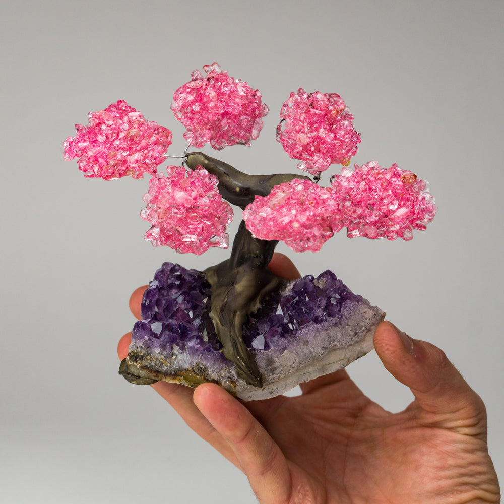 Genuine Rose Quartz Clustered Gemstone Tree on Amethyst Matrix (4 inches) (The Love Tree)