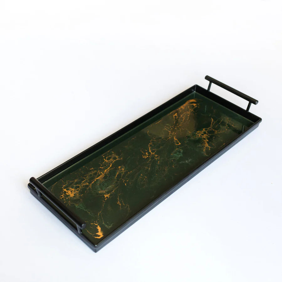 Marble-patterned resin tray with handles on a white background