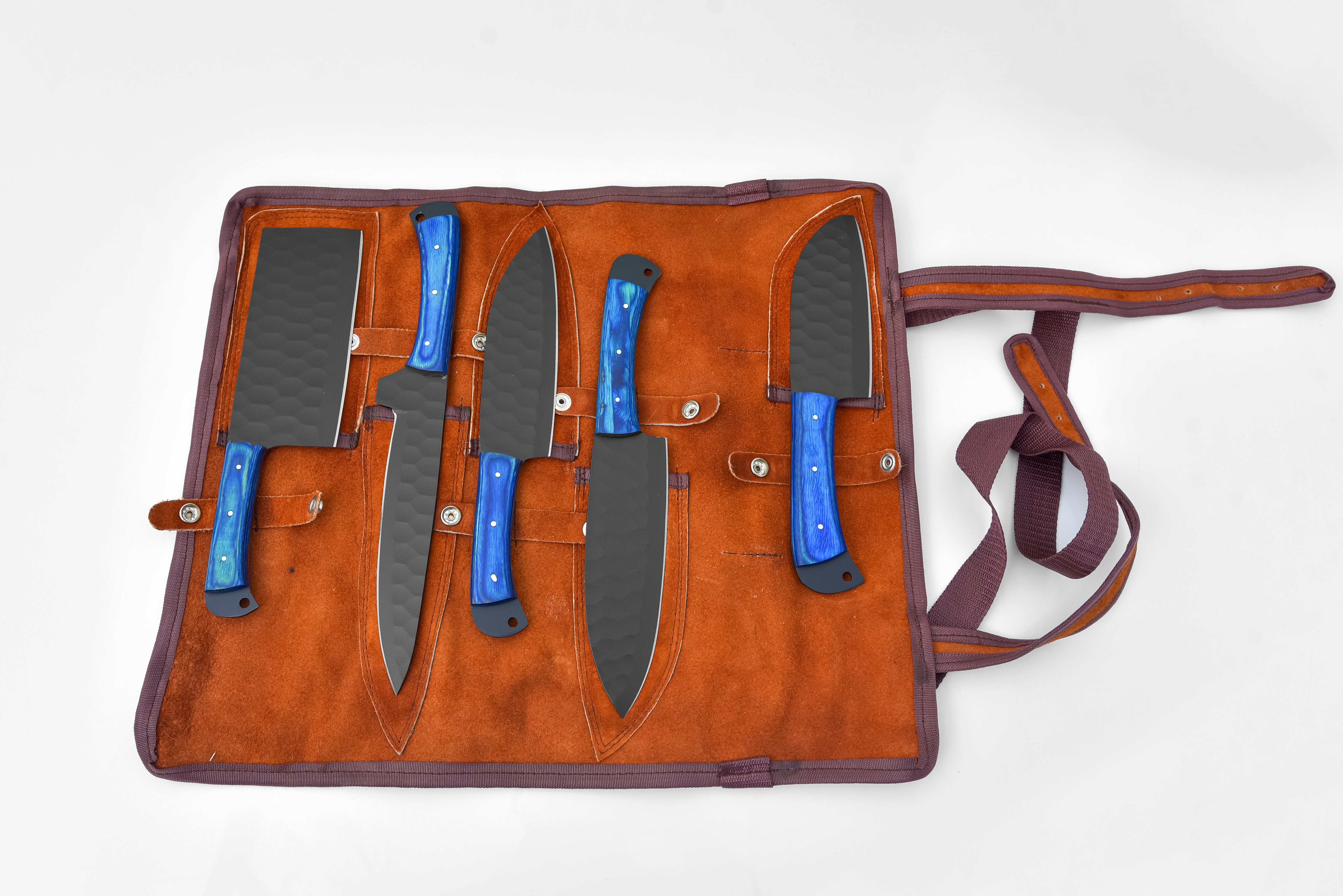 5-Piece Knife Set / With Leather carry Bag Blue (Cheff Set Carbon 02)