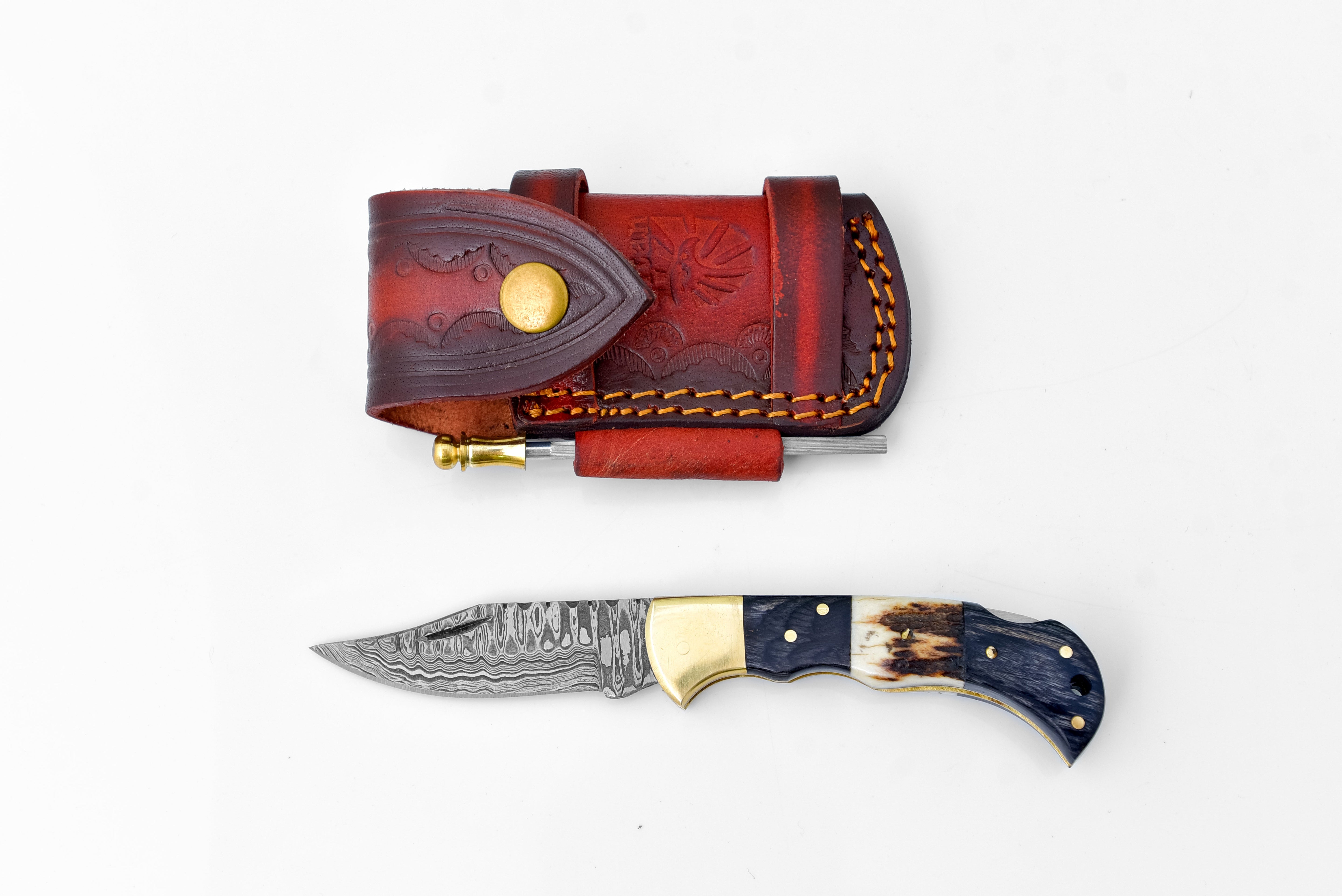 Damascus steel pocket knife Limited Run Black Diamond Wood and Stag Horn TF-052 detail image - Resin Society