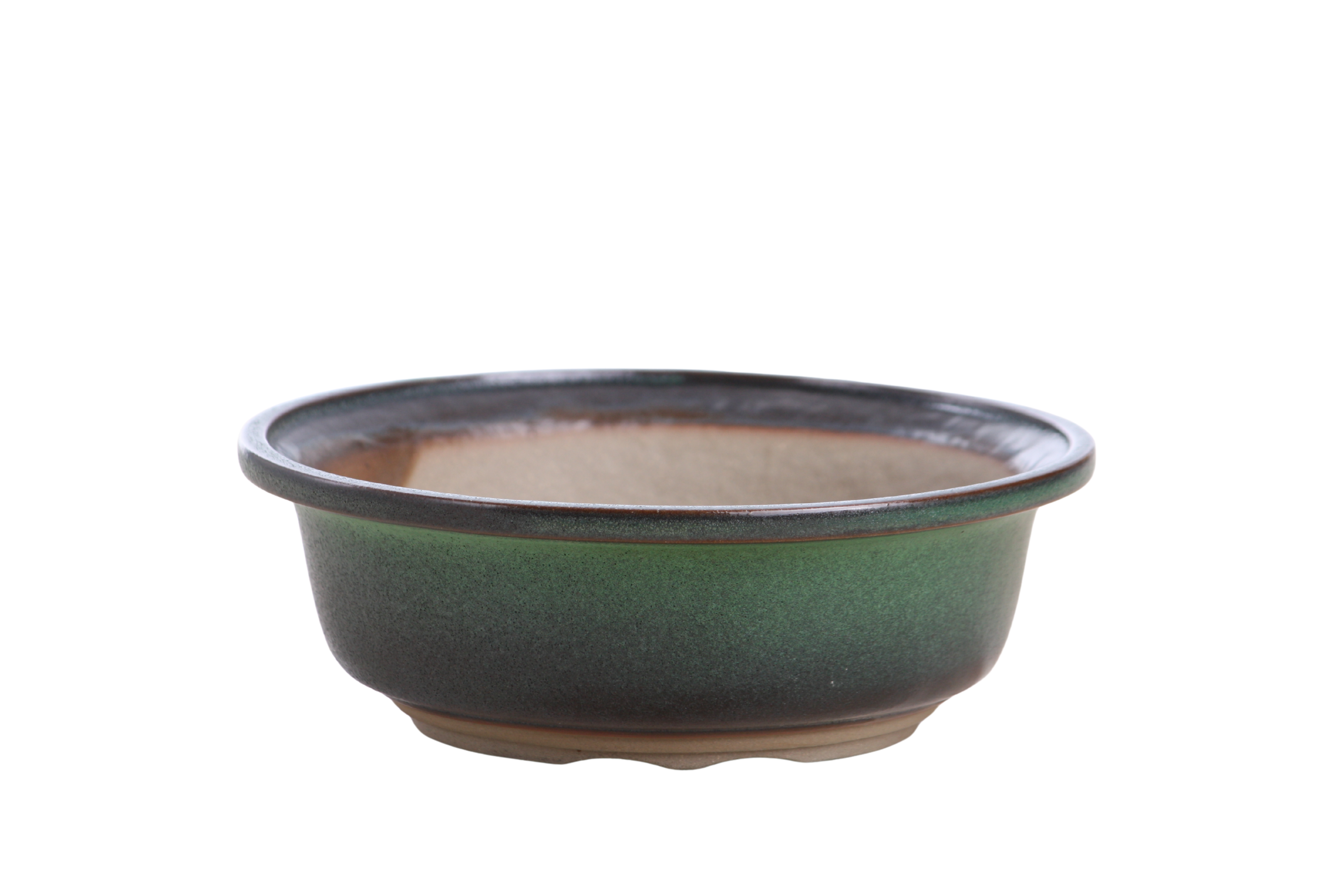 Willow Bonsai 7 inch round ceramic bonsai pot in avocado with accentuated rim and sculpted foot ring