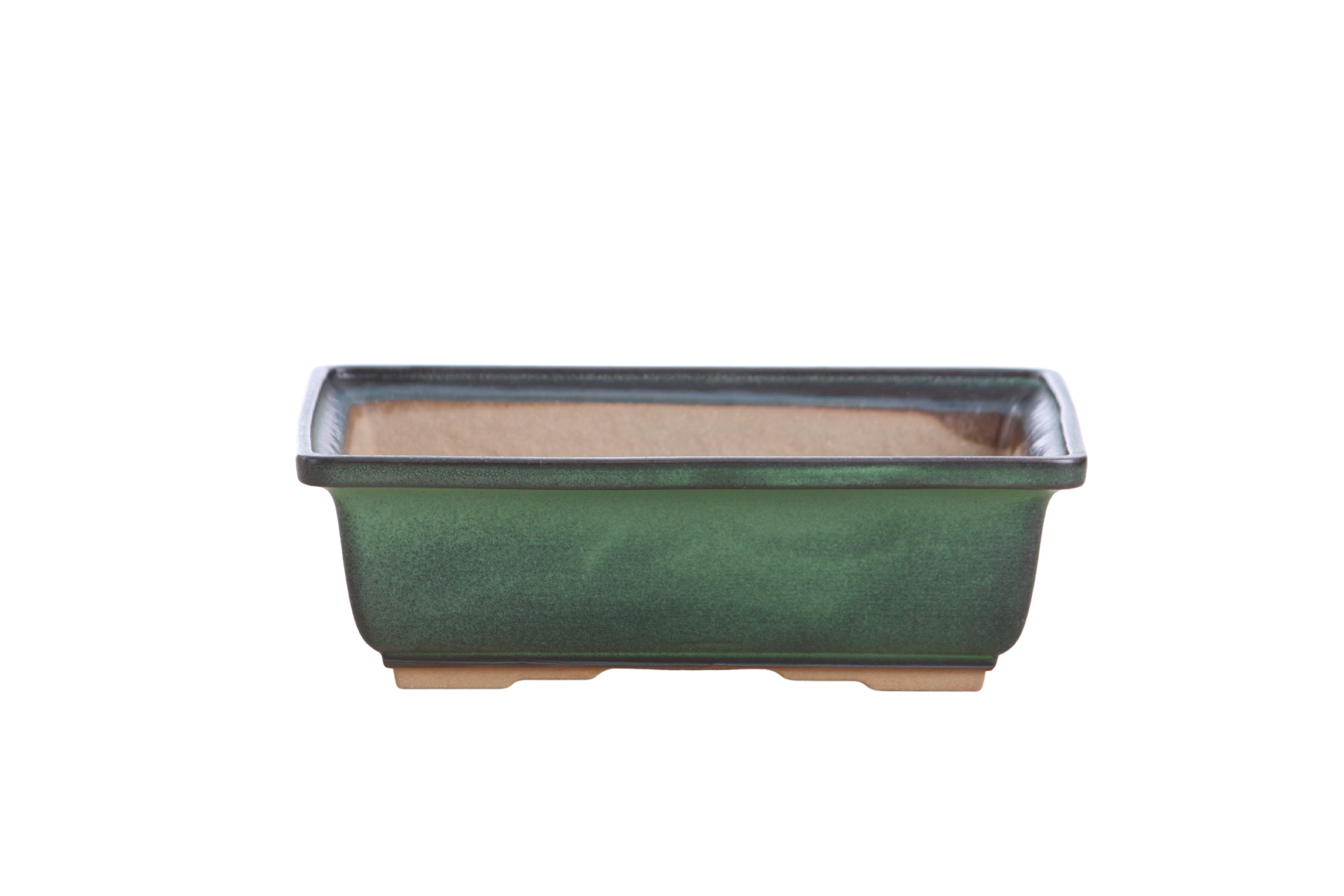 Willow Bonsai Ceramics 8-inch rectangular bonsai pot in avocado glaze, with accentuated rim and foot design