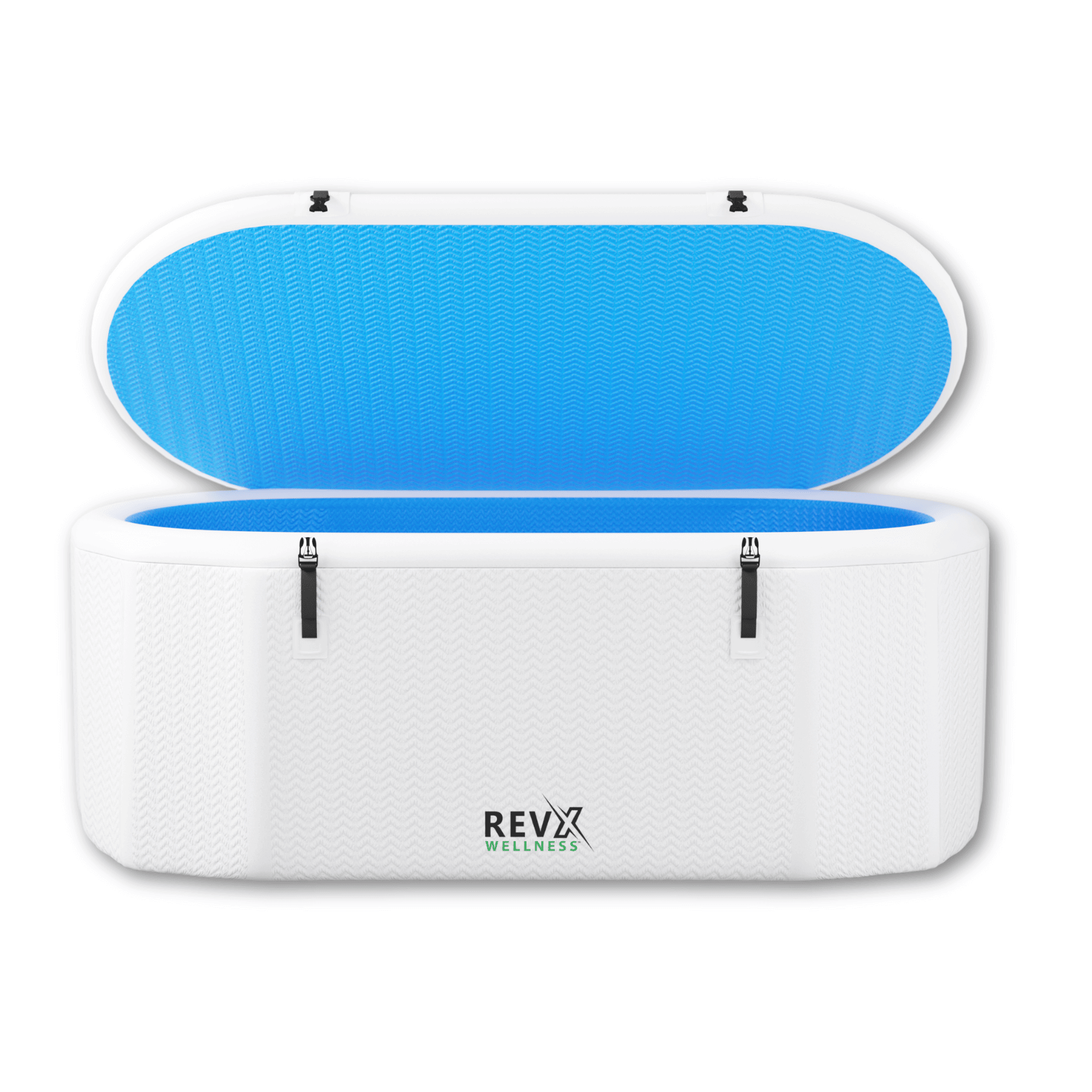 RevX Inflatable Tub Deluxe showing inflated tub with lid and safety buckles