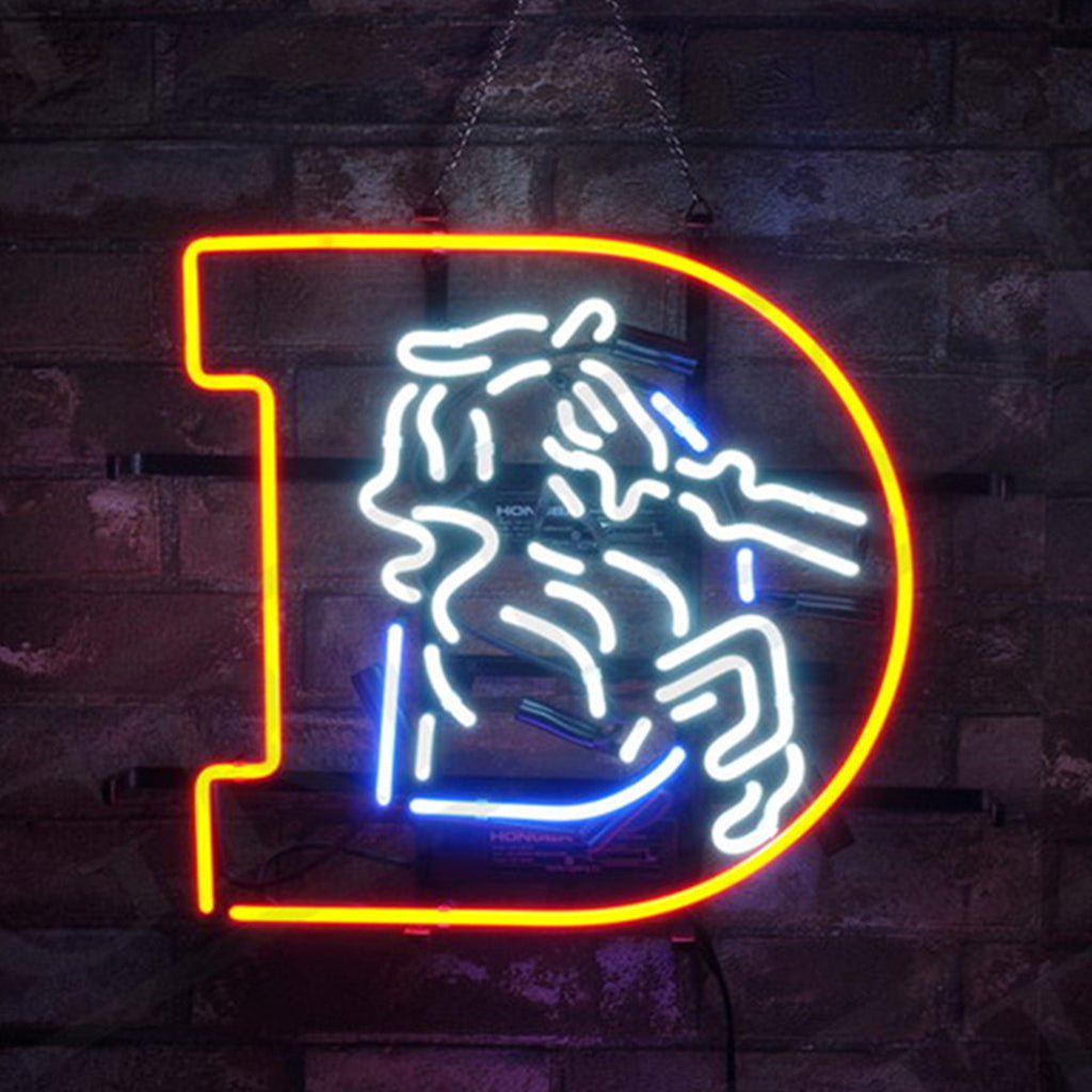 Denver Broncos Horse Neon Sign glowing against a dark wall