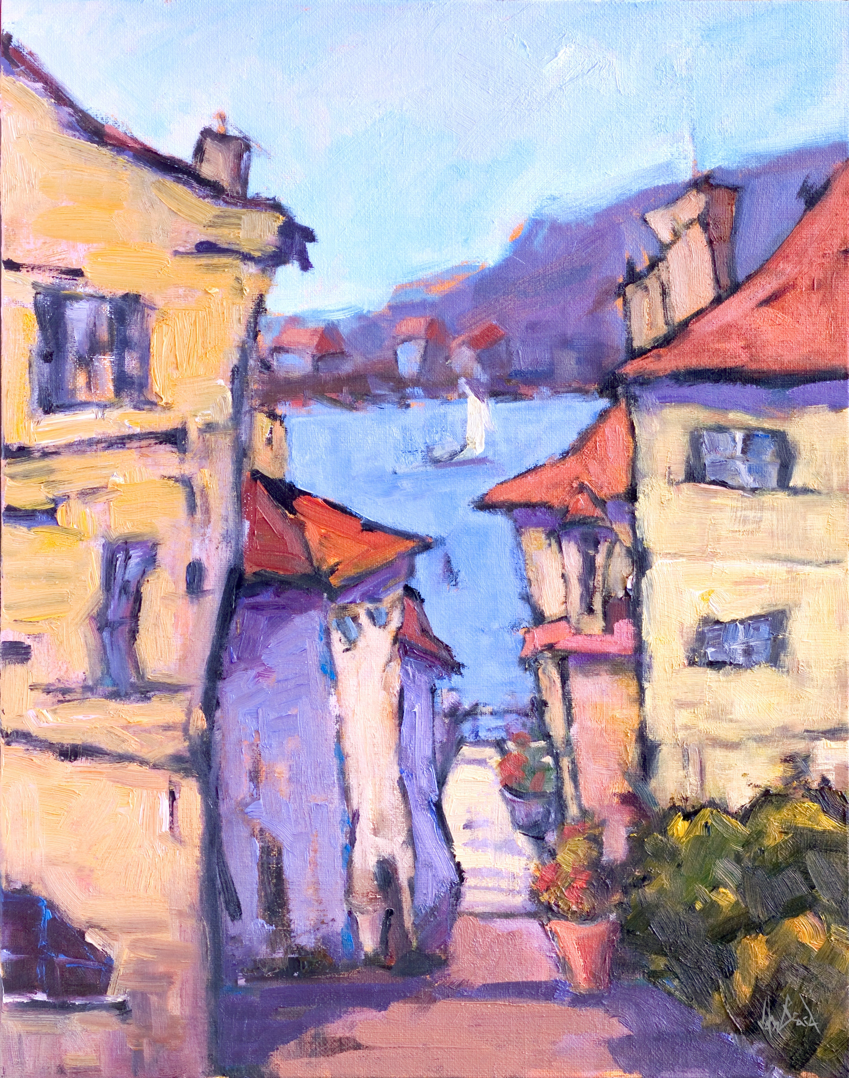 Down to the Water canvas print by John Beard featuring serene coastal scene with boats and water, framed in a gallery wrap.