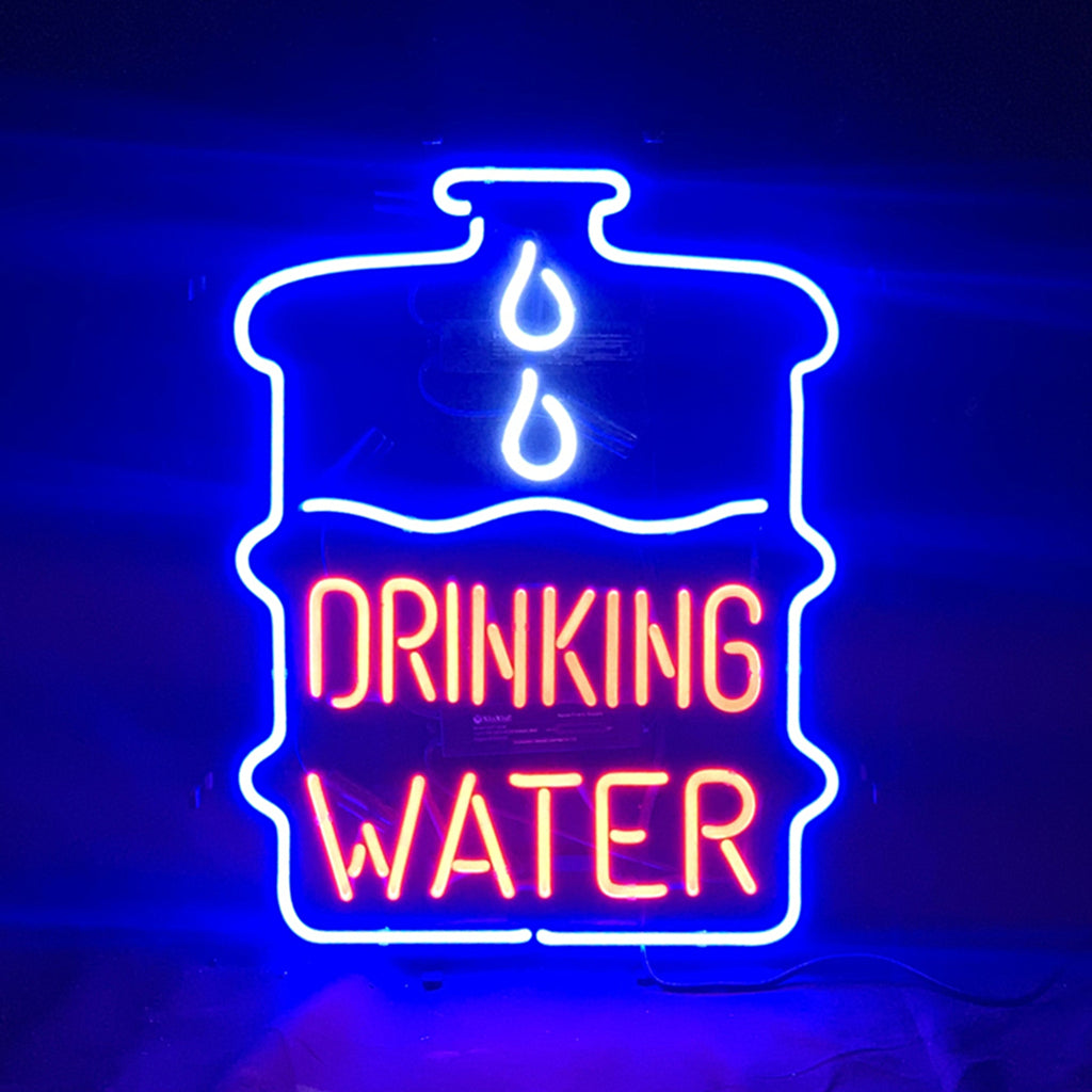 Drinking Water Neon Signs Light glowing in indoor setting with metal grid backing