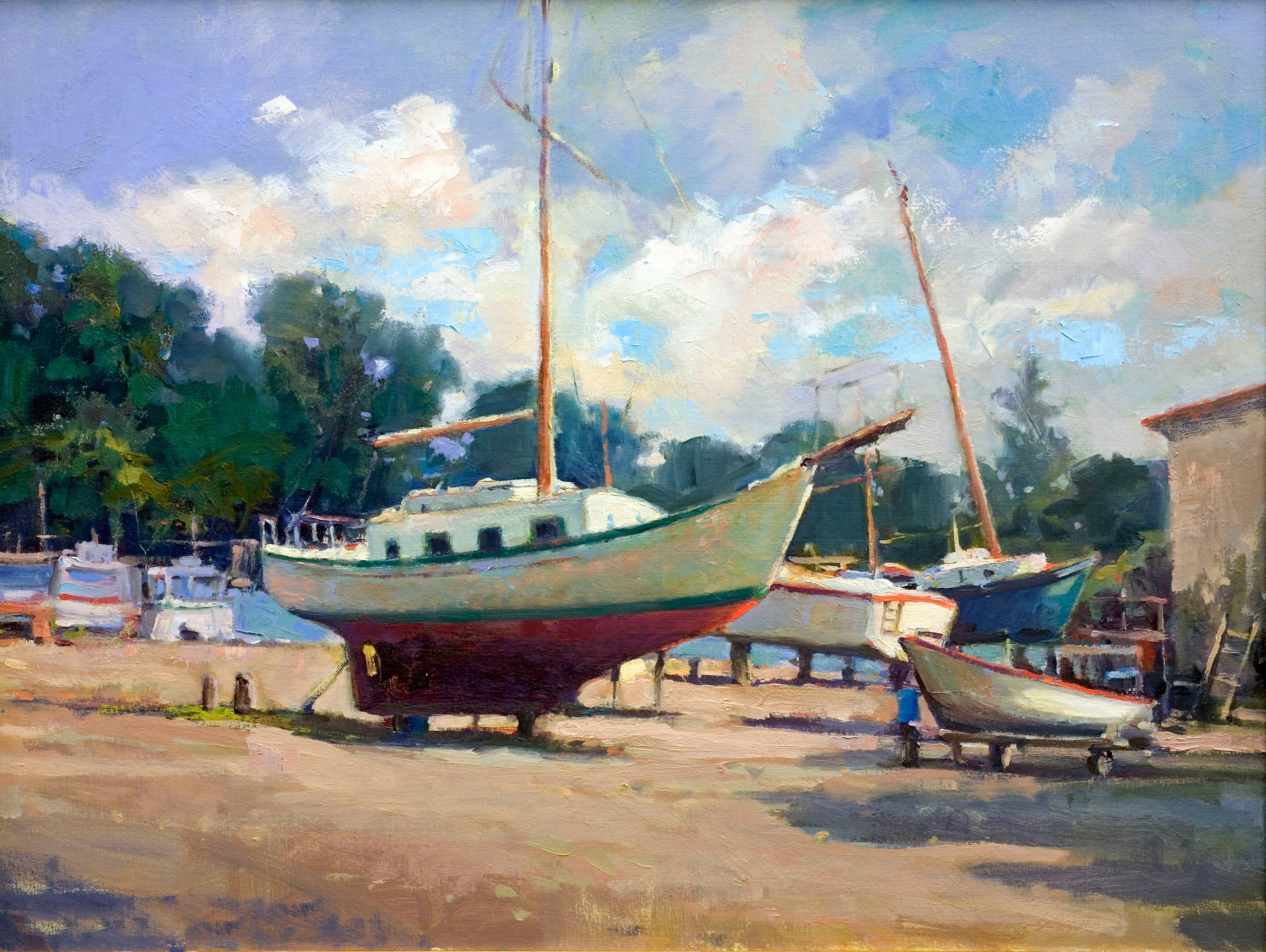 Dry Dock Artist Enhanced Canvas Print showing coastal landscape with muted blue and beige tones, mounted on wood stretcher bars.