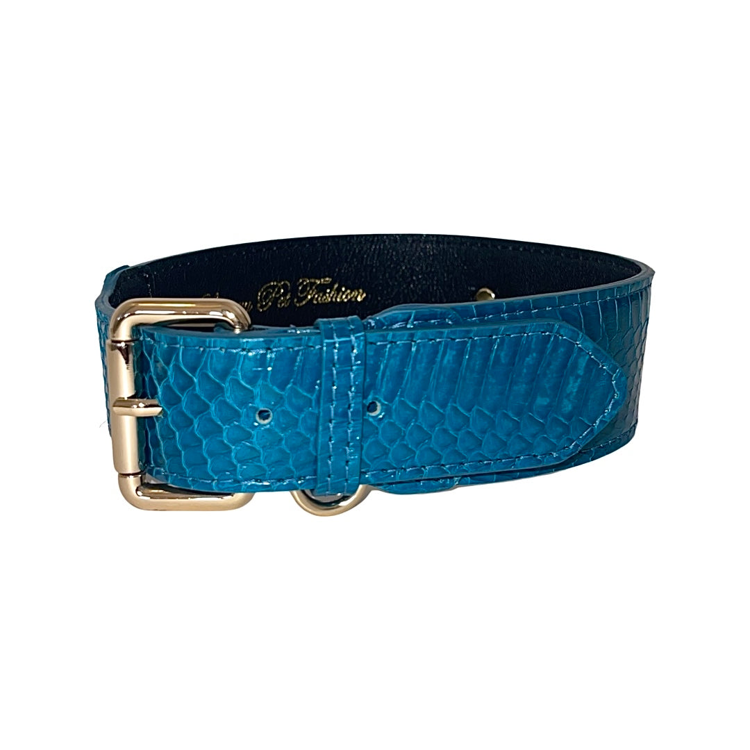 Dark turquoise snake pattern collar with gold hardware worn on a neck
