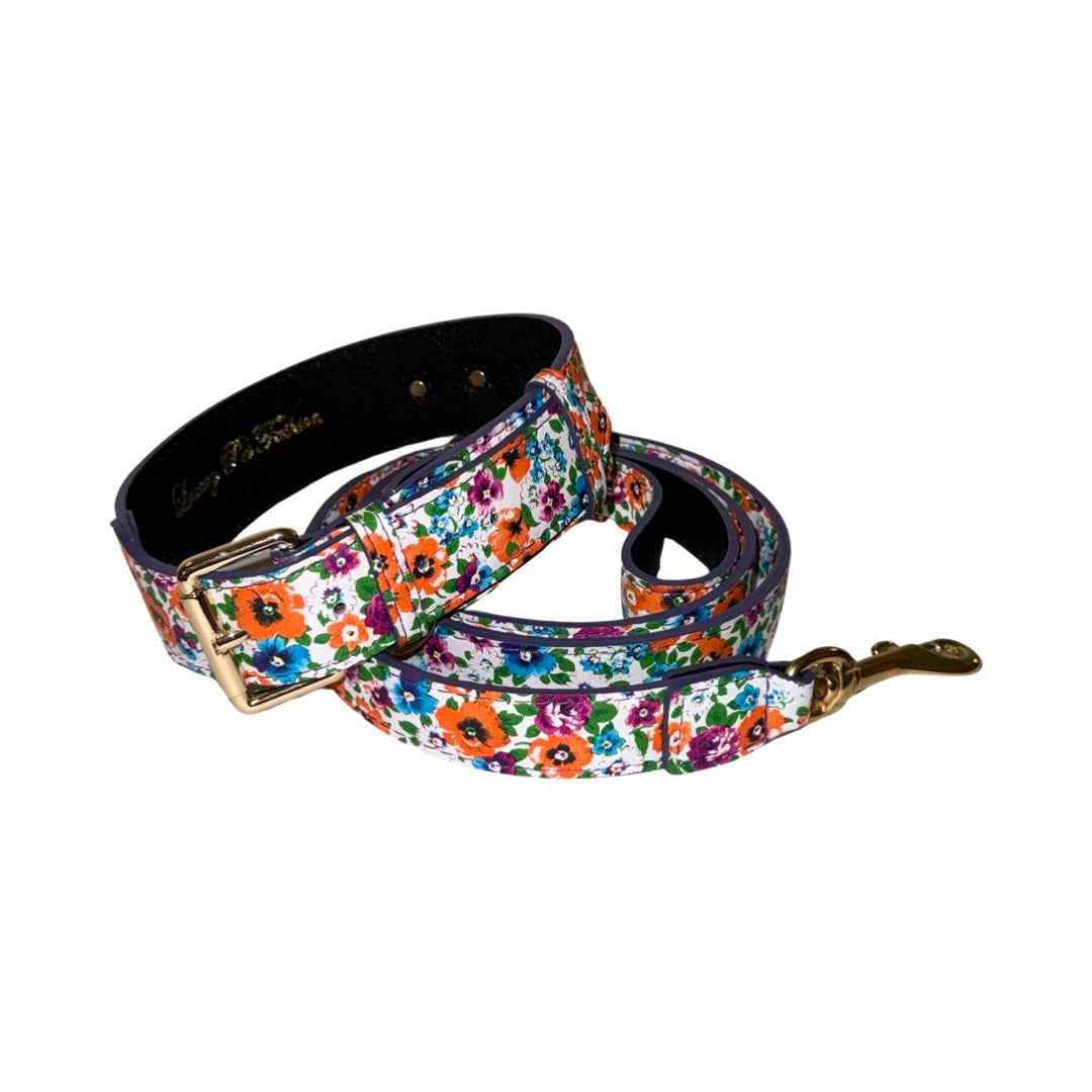 Floral Italian leather dog collar and matching leash with classic buckle, featuring poppy and pansy prints