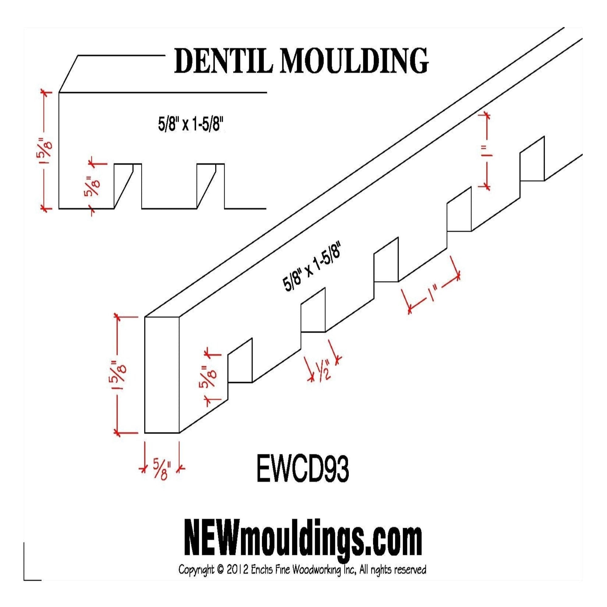 Unfinished solid hardwood dentil moulding 1-5/8 inch high by 5/8 inch thick
