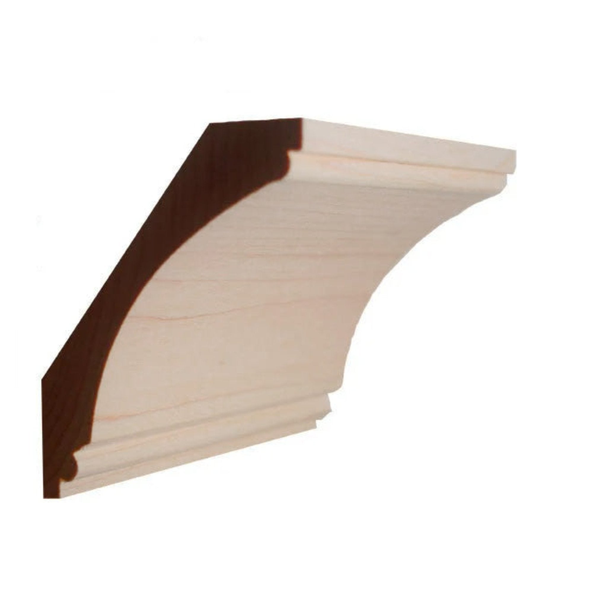 EWCR43 Cove Crown unfinished hardwood molding showing profile and wood grain