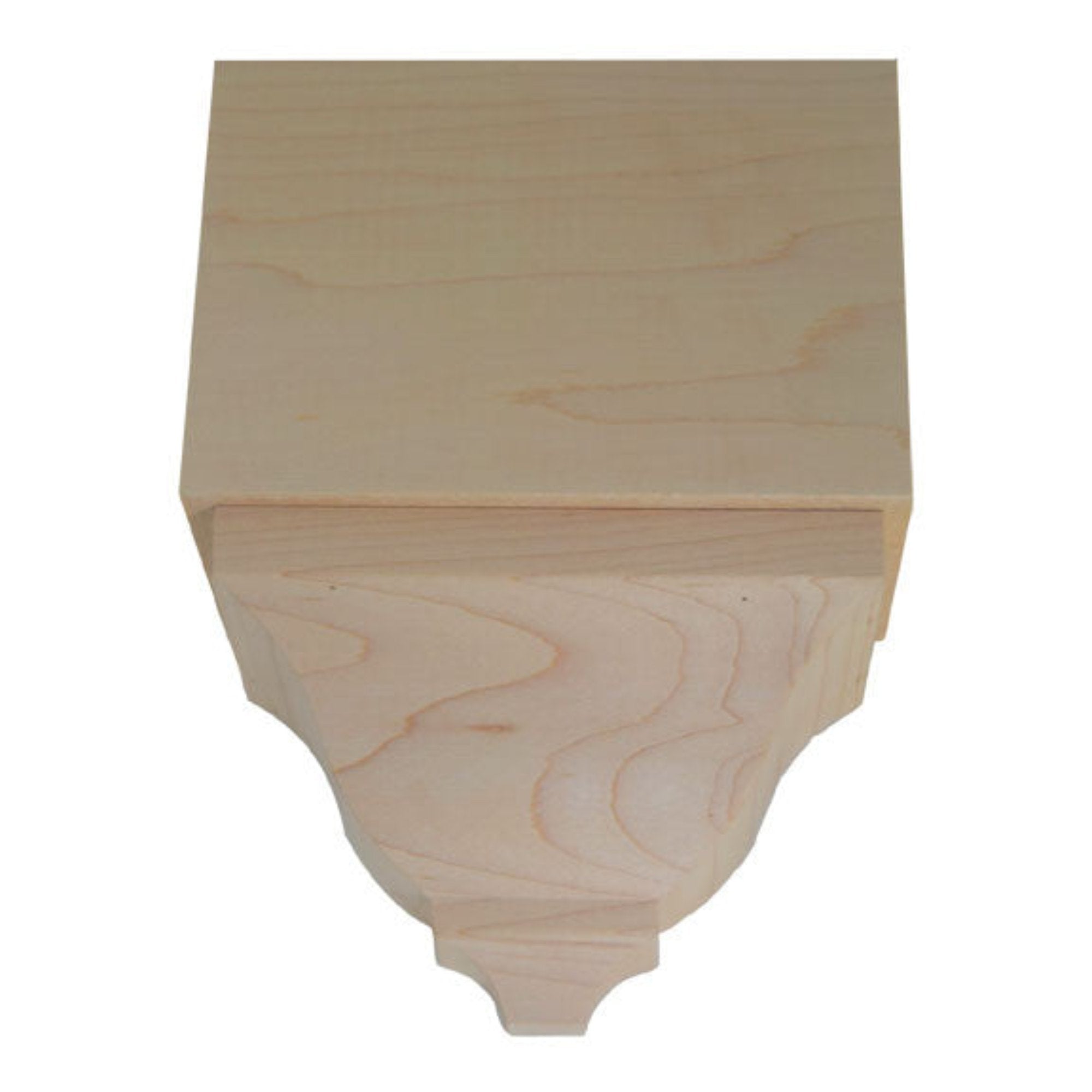 Unfinished hardwood middle corner block for crown molding in various wood species