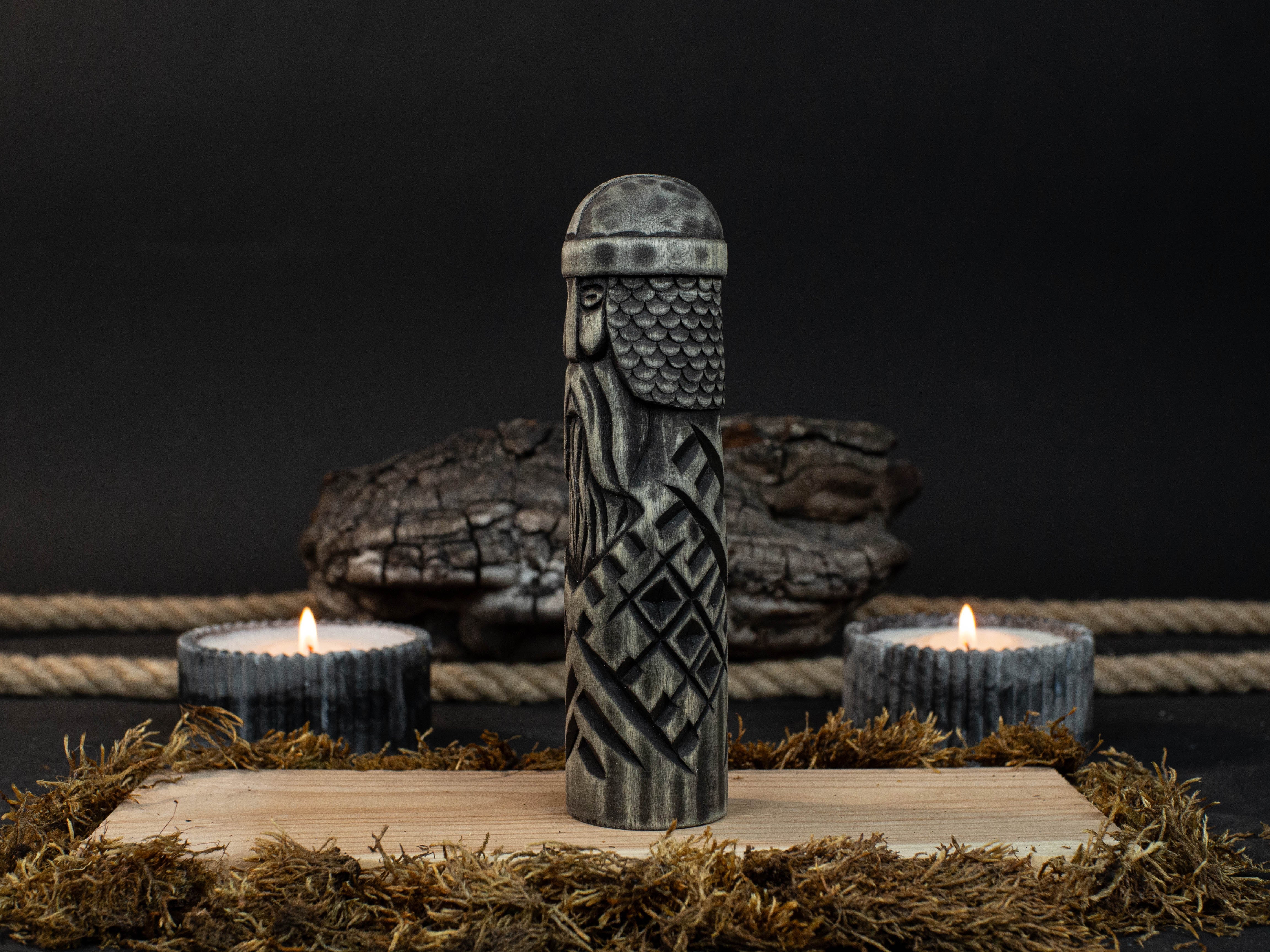 Hand-carved wooden figurine of Baldr, Norse god of light and purity, dark polished finish