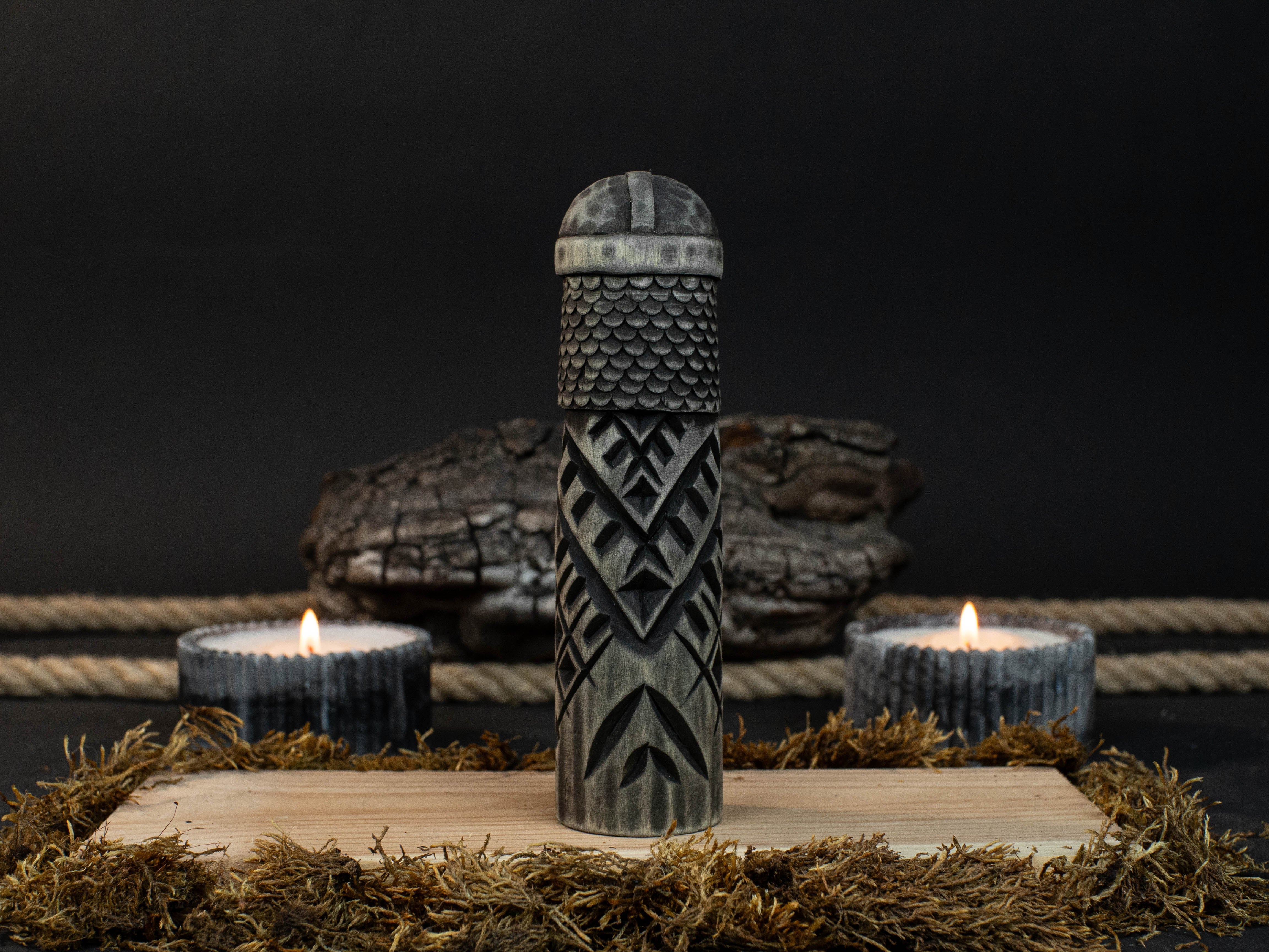 Hand-carved wooden figurine of Baldr, Norse god of light and purity, dark polished finish