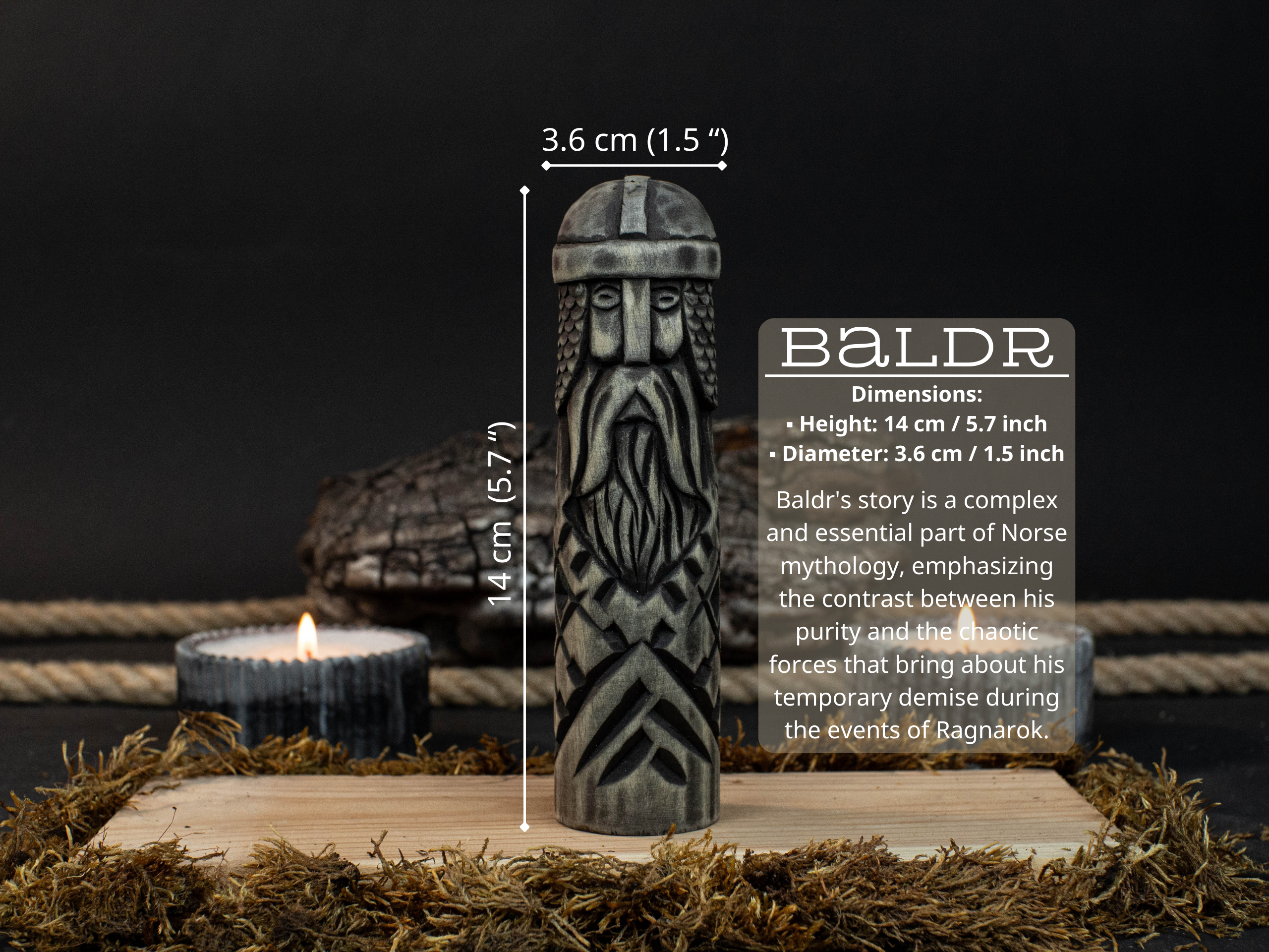 Hand-carved wooden figurine of Baldr, Norse god of light and purity, dark polished finish