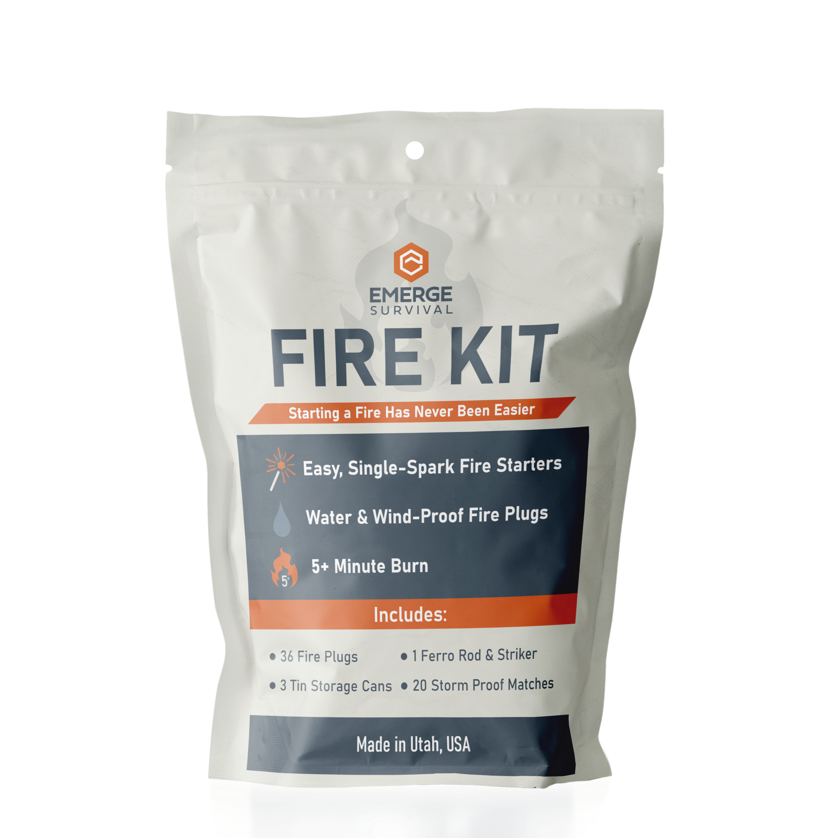 Emerge Survival Fire Kit showing its contents with a mylar bag and ignition tools