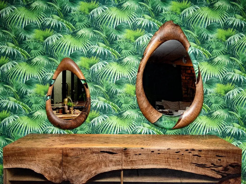Handcrafted epoxy resin and walnut mirrors in round and teardrop shapes