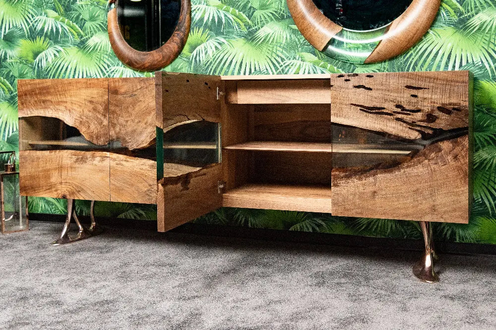 Osso collection resin credenza sideboard with walnut doors and resin accents