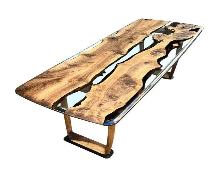 Epoxy Resin River Dining Table with Walnut Wood Legs showcasing natural wood and vibrant resin river design